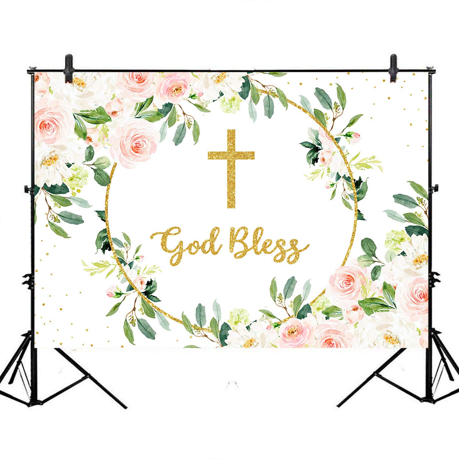 10x8ft Avezano Floral God Bless Backdrop - Pink Flowers Background for First Holy Communion, Baptism, Christening & Baby Shower - Perfect for Photo Studio Props & Church Events