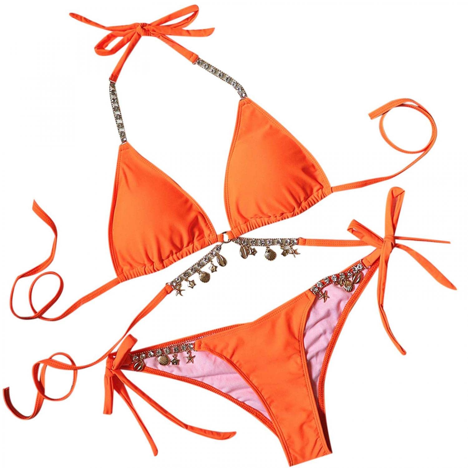 Sexy Women's 2 Piece Triangle Bikini Set with Crystal Rhinestone Front & Cross Side Ties - Thong Swimwear for Beach, Pool Party & Summer Vacation