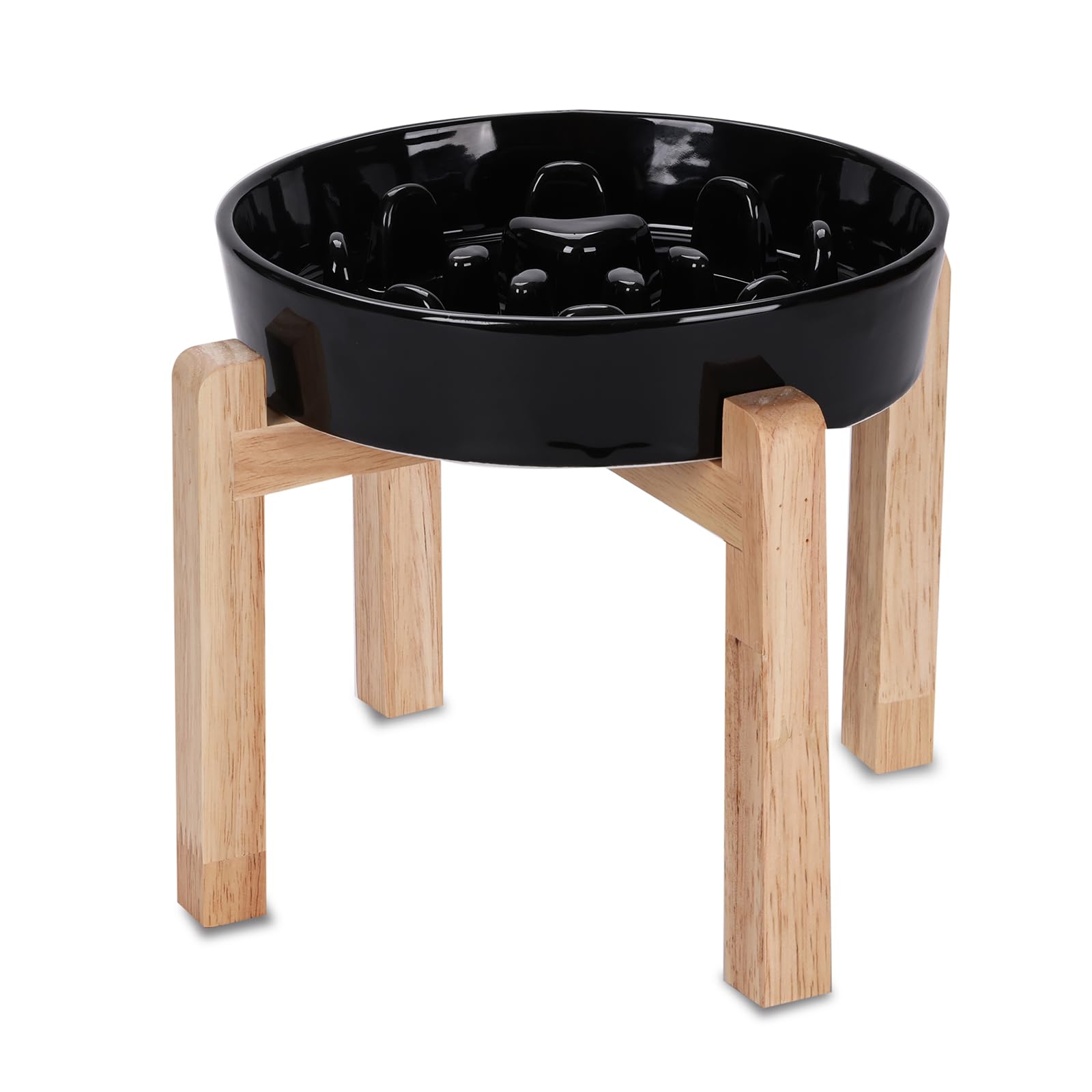 Ceramic Slow Feeder Dog Bowl with Wooden Stand - Fun & Interactive Mealtime Solution for Small & Medium Breeds (Black) | Reduce Bloat & Improve Digestion for Puppies & Adult Dogs | Perfect for Fast Eaters & Training
