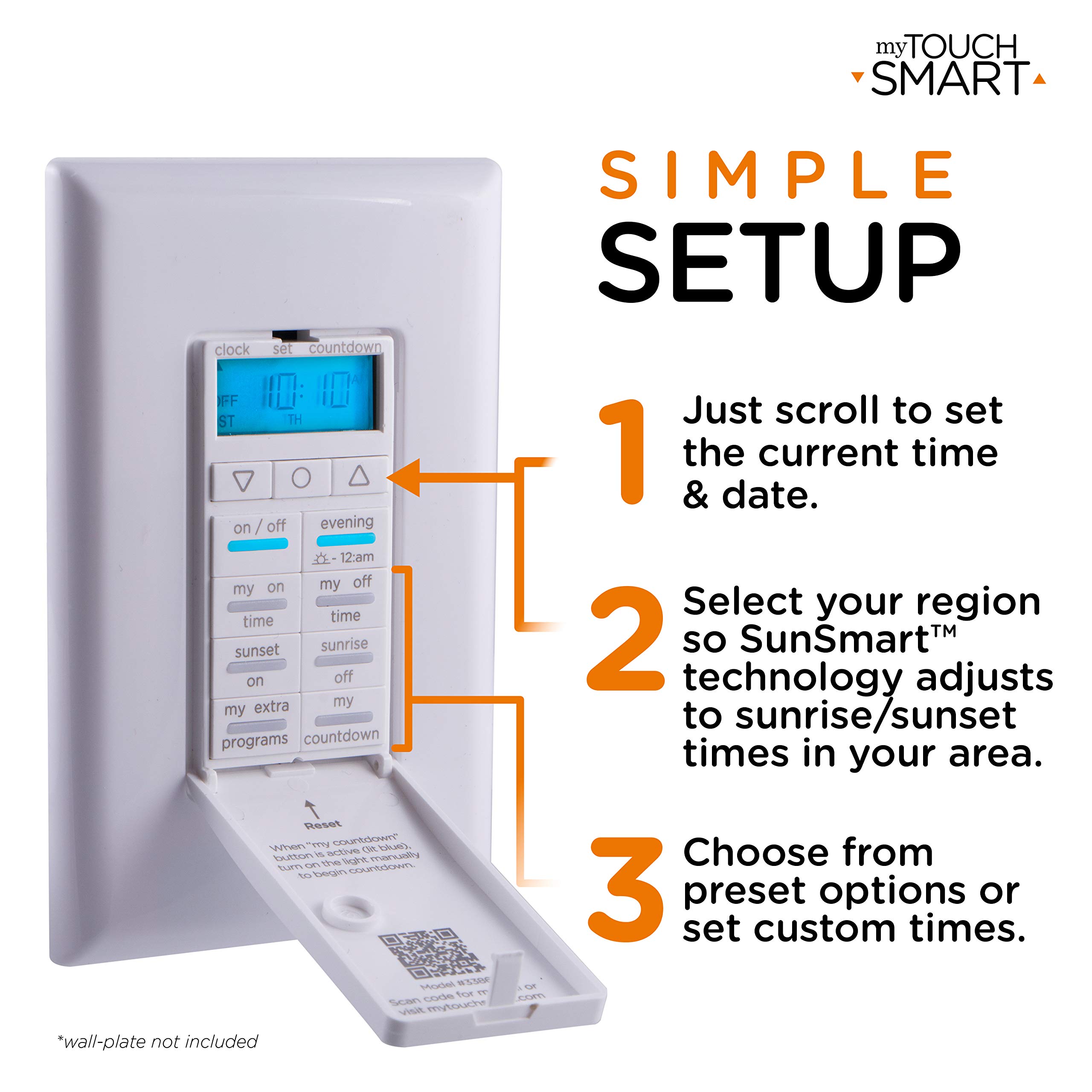myTouchSmart 33861 LE In-Wall Digital Timer with Push Button Switch - Backlit LED Display, 8 Custom On/Off Settings, Countdown & Daily/Weekly Modes - Perfect for Home Automation, Lighting Control & Energy Saving