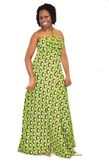 Stylish African Print Maxi Dress for Women - Green & Brown Halter Neck Boho Chic Summer Outfit - Perfect for Beach Vacations, Parties & Casual Wear
