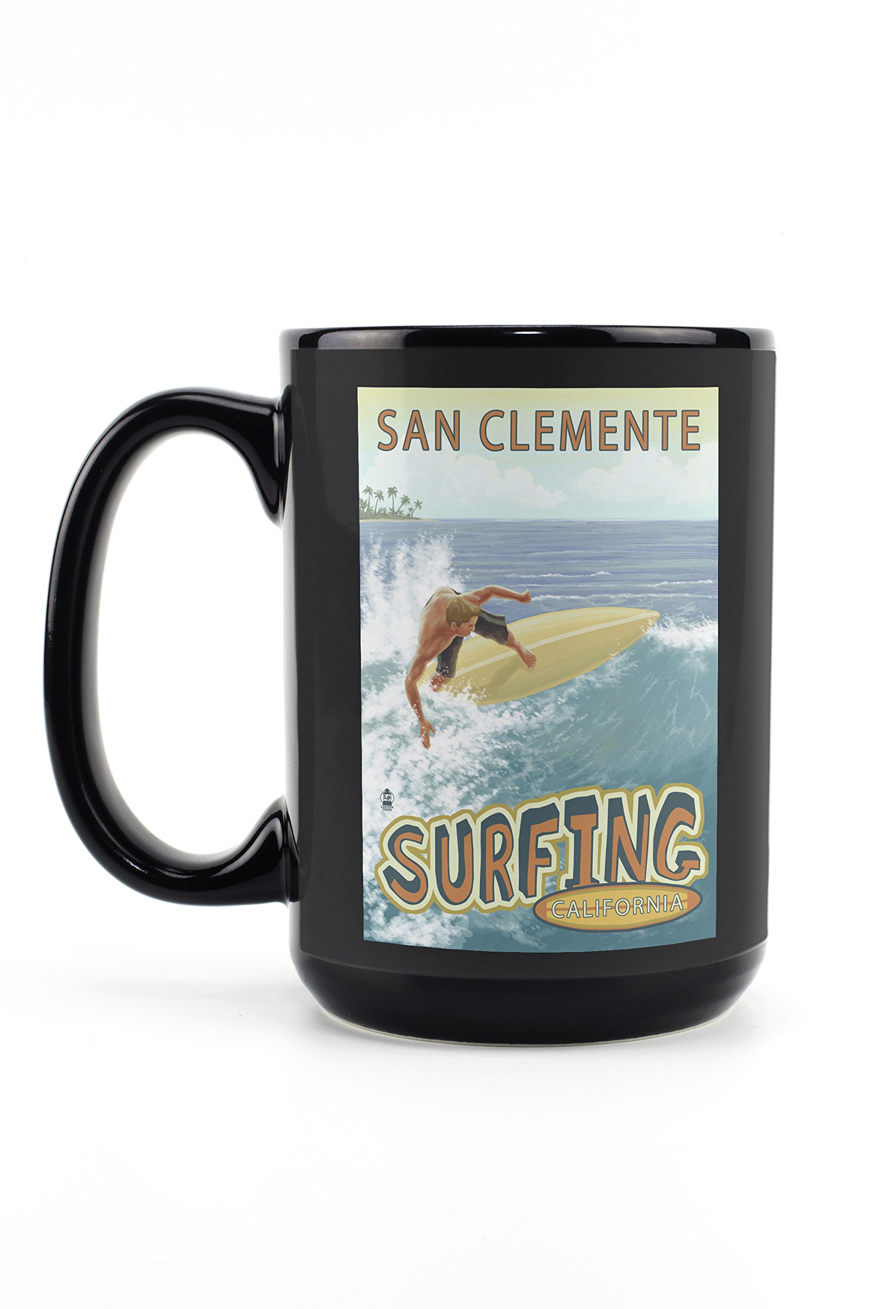 Lantern Press San Clemente California Surfer Tropical 15oz Black Ceramic Coffee Mug - Microwave & Dishwasher Safe - Perfect for Beach Lovers & Coffee Enthusiasts