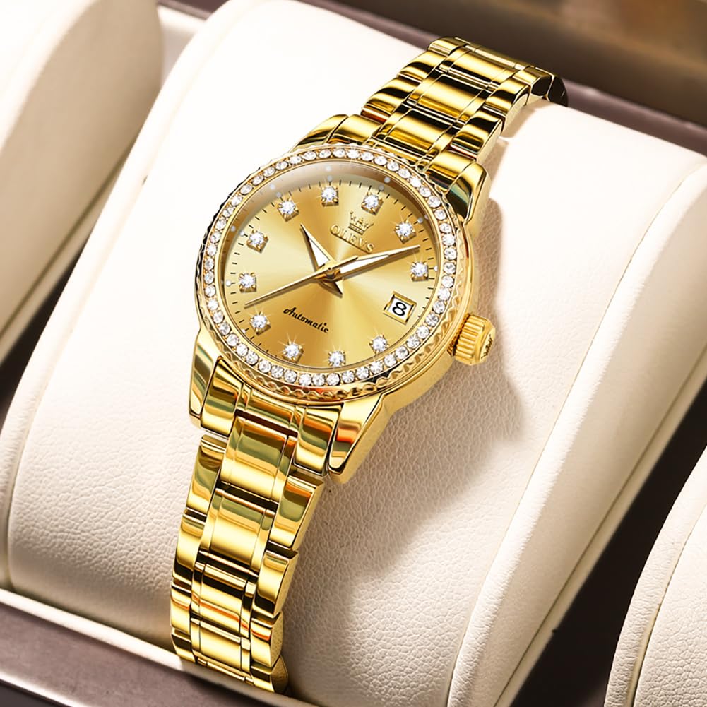 OLEVS Women's Automatic Diamond Mechanical Self-Winding Watch - Elegant Stainless Steel Dress Watch with Luminous Hands & Date Display | Waterproof & Scratch Resistant | Perfect for Business, Party & Everyday Wear