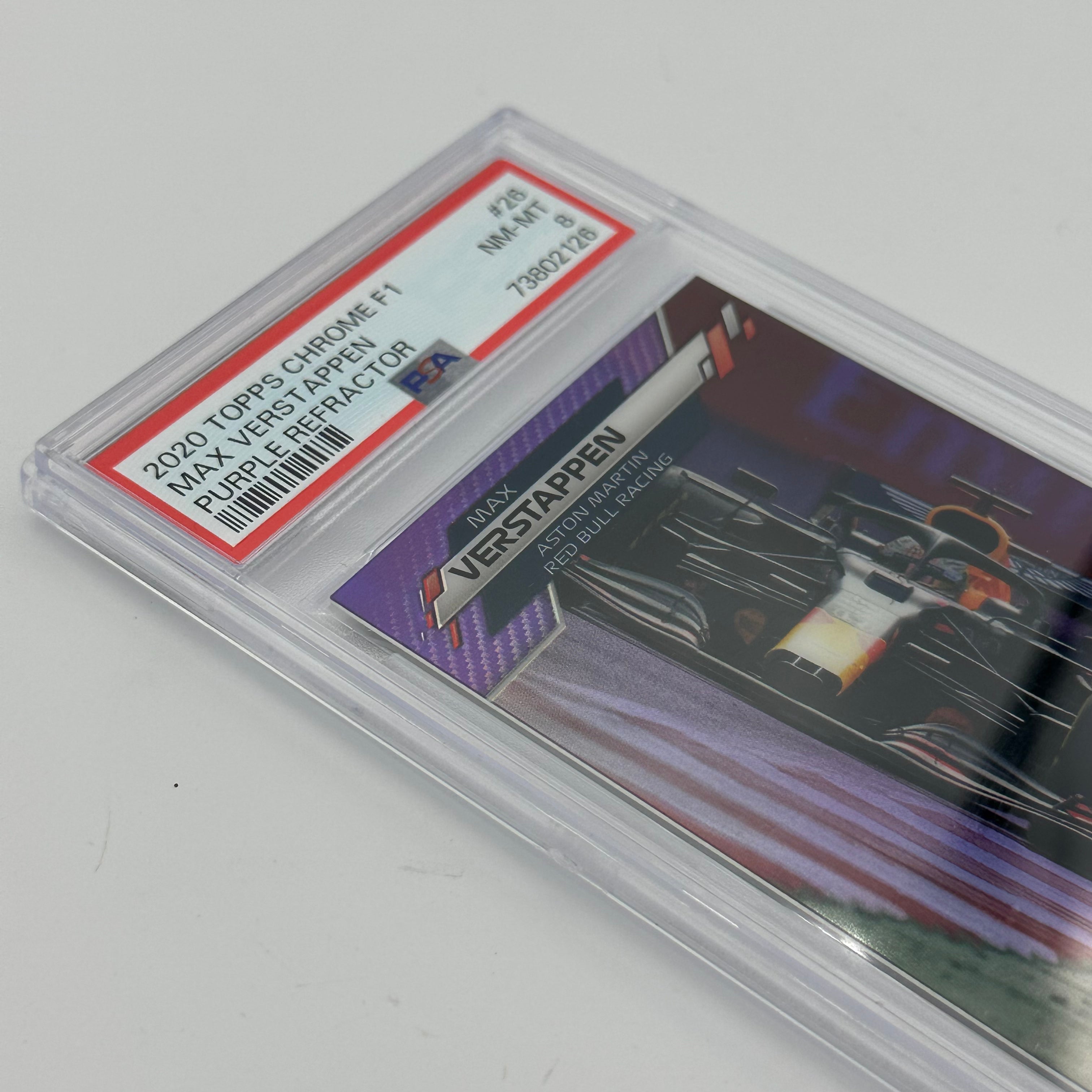 PSA 8 Graded 2018 Topps Chrome Formula 1 Max Verstappen #26 Purple Refractor Rookie Card - Perfect for F1 Collectors & Racing Memorabilia Displays