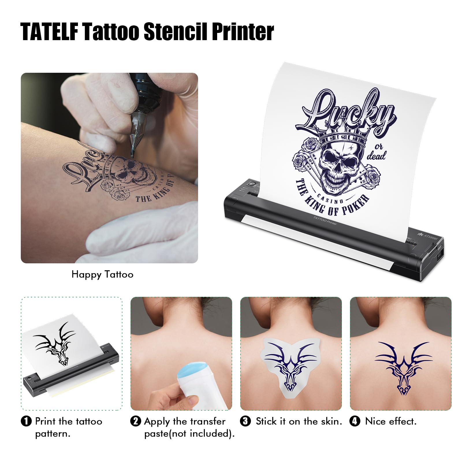 TATELF Wireless Tattoo Stencil Printer Machine - Portable Thermal Transfer Stencil Maker with 15pcs Tattoo Transfer Paper for Professional & Home Tattoo Artists | Perfect for Tattoo Studios, DIY Tattooing & Body Art Design