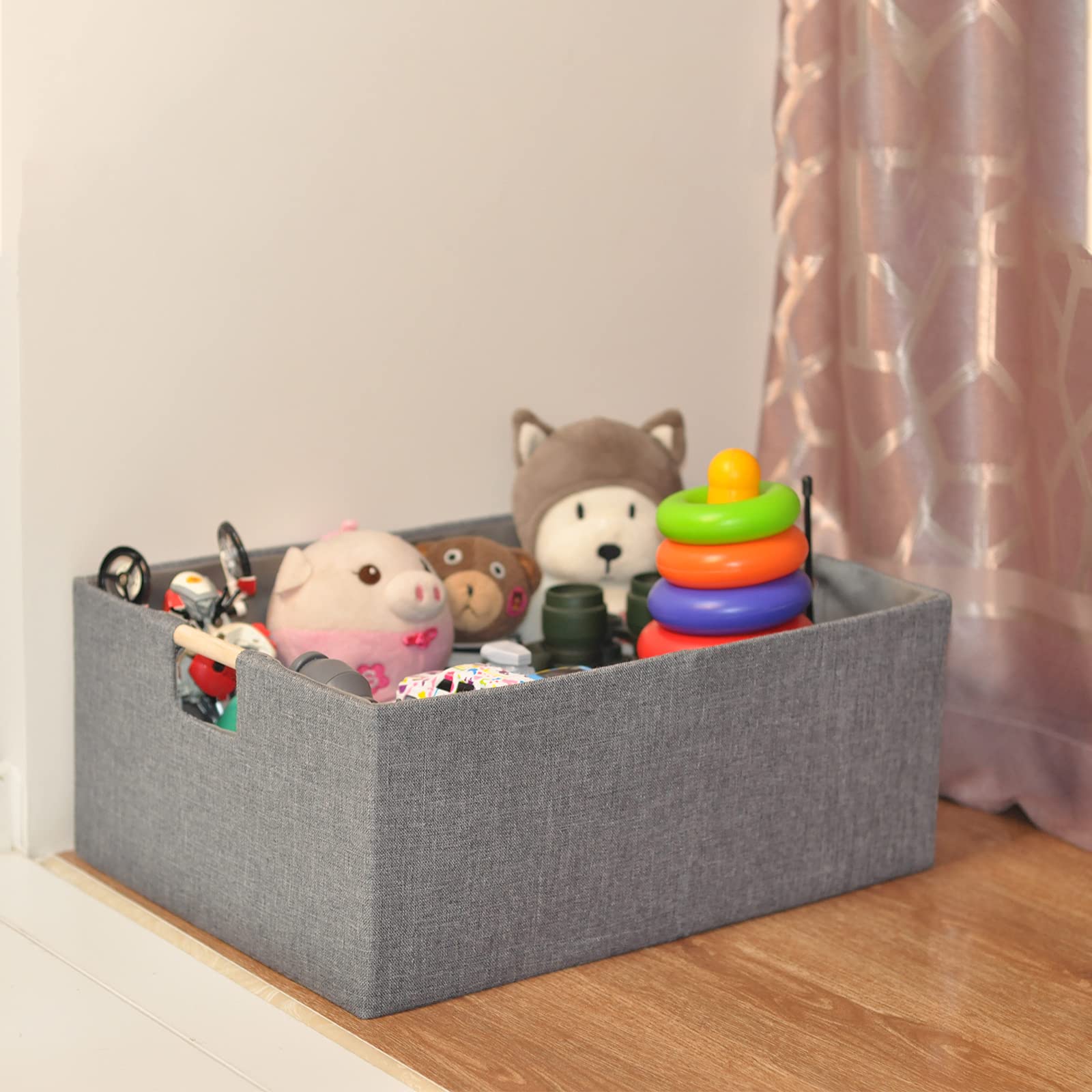 Collapsible Fabric Storage Baskets with Wooden Handles - 2 Pack Gray Organizing Bins for Shelves, Closet, Nursery & Home Organization | Space-Saving Storage Solution