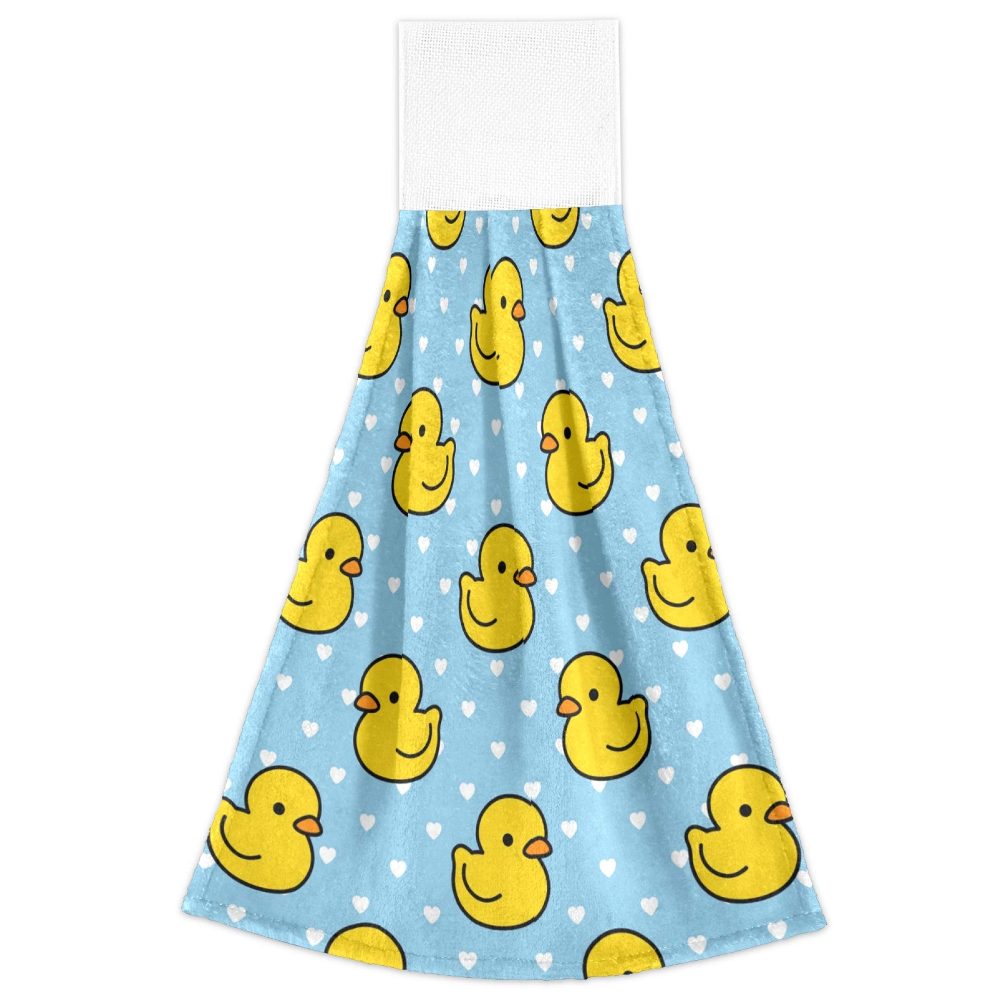 Cute Duck Heart Pattern Kitchen Hand Towels - Set of 2 Absorbent Hanging Towels with Hook & Loop for Bath & Kitchen | Perfect for Dish Drying, Hand Wiping & Decorative Home Use