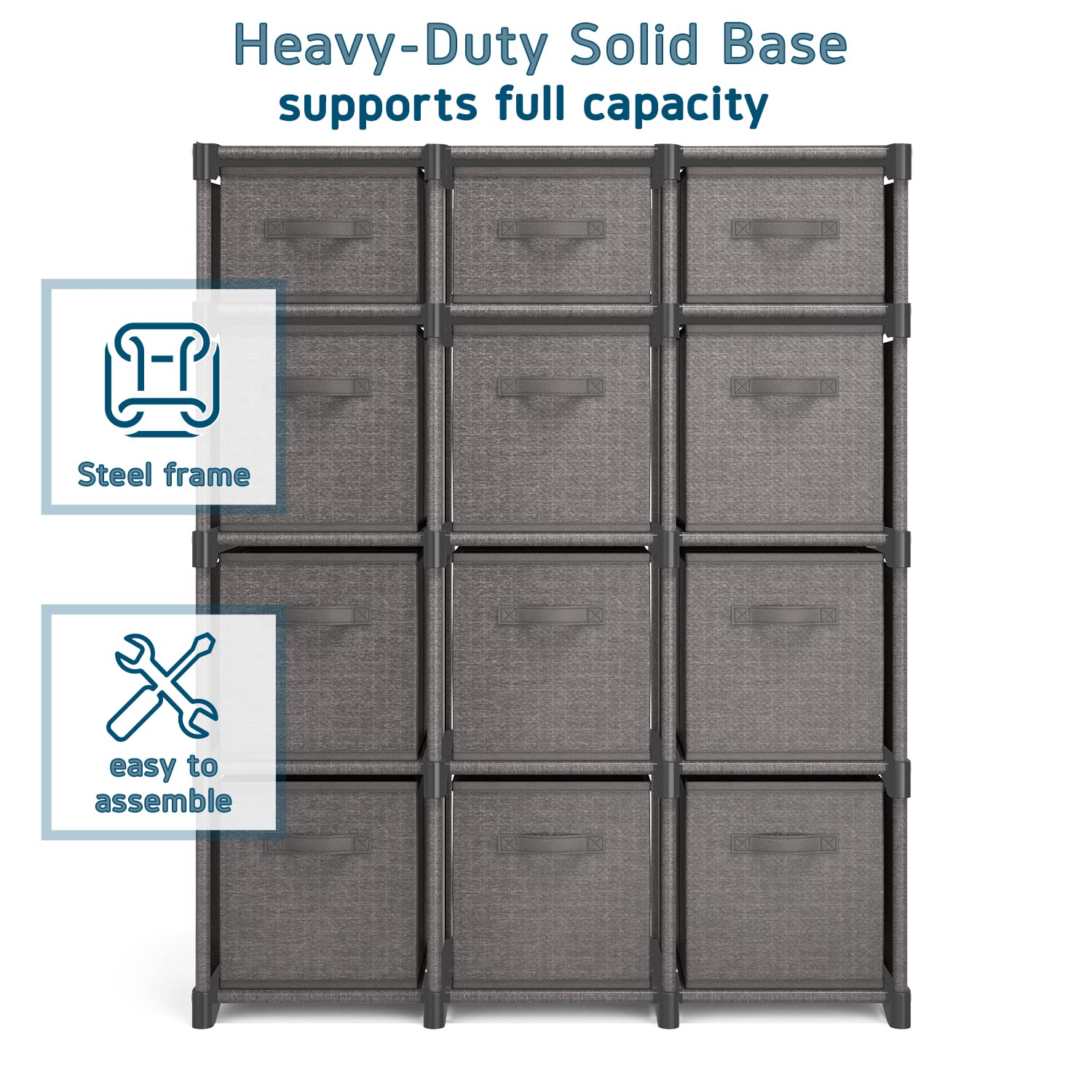 12-Cube Storage Organizer - Gray Modular Shelving Unit with Fabric Bins | DIY Closet, Bedroom & Office Organization | Space-Saving Solution for Toys, Books & Home Decor | Perfect for Playrooms, Dorms & Small Spaces