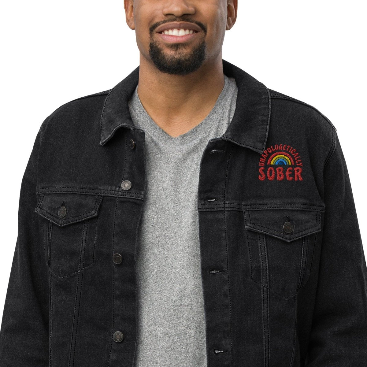 Unapologetically Sober Embroidered Denim Jacket for Men & Women | Vintage Style Distressed Denim Coat | Perfect for Casual Wear, Music Festivals & Street Fashion