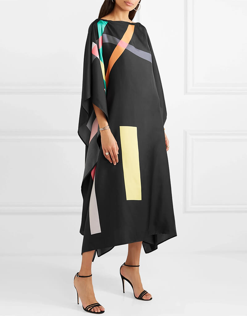 Luxury Black Silk Crepe Kaftan Dress for Women - Elegant Loose Fit Maxi Tunic with Long Sleeves - Perfect for Beach Cover Up, Resort Wear, and Summer Vacation Outfits