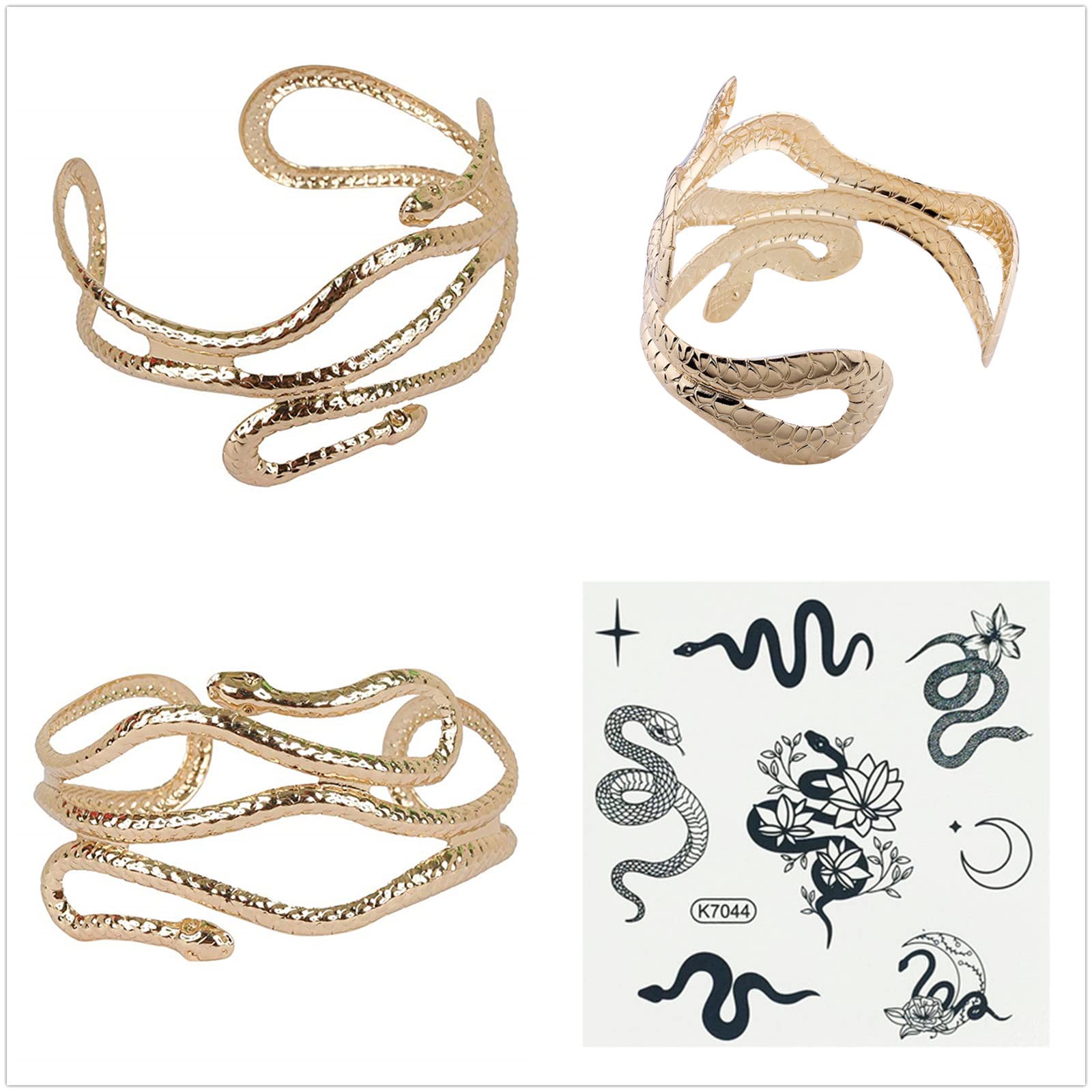 Egyptian Cleopatra Swirl Snake Arm Cuff Bracelet - Open Bangle Armlet with Matching Temporary Tattoos - Perfect for Costume Parties, Halloween, and Boho Fashion Accessories