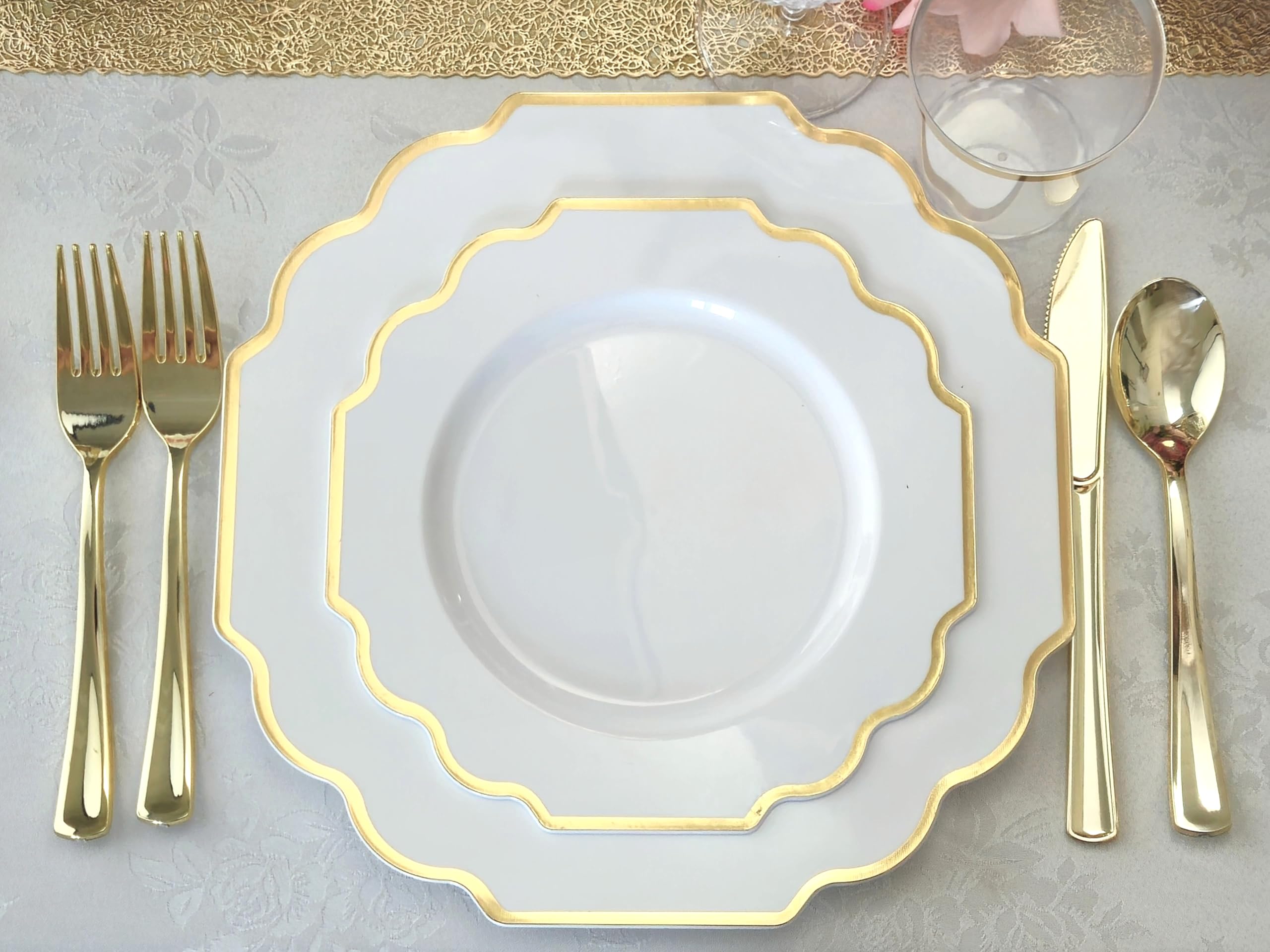 320-Piece Heavyweight Disposable Plastic Plate Set for 40 Guests - 10.5'' & 8'' Plates, Silverware, Cups, Napkins in Imperial White & Gold - Perfect for Weddings, Parties, Catering & Special Events