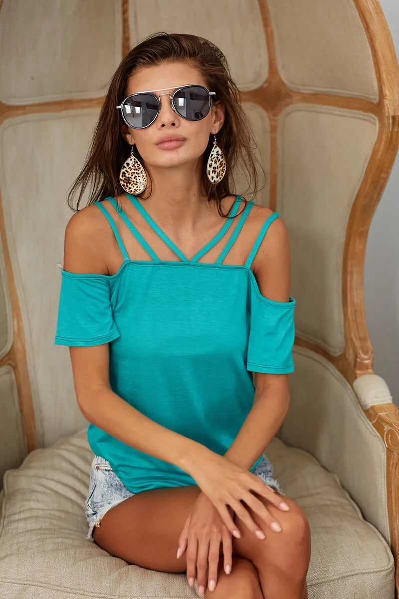 BiBi Rayon Span Jersey Lace-Up Shoulder Detailed Top Women's Fashion Blouse for Party, Date Night & Casual Wear