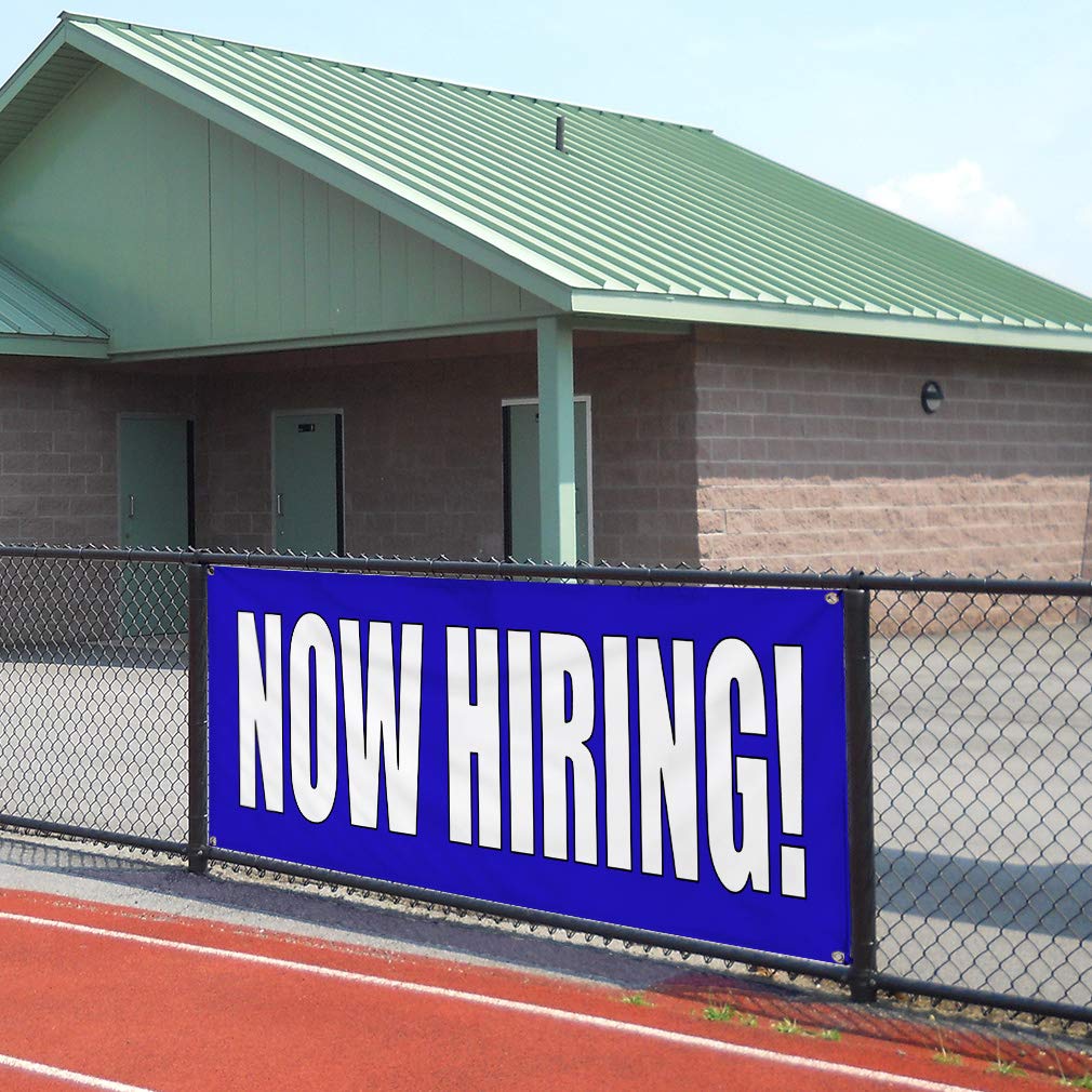 Now Hiring Vinyl Banner - 48x96 Inches Weatherproof Outdoor Business Sign with 8 Grommets (Blue & White) - Durable Yard & Industrial Use for Job Fairs, Construction Sites & Storefronts