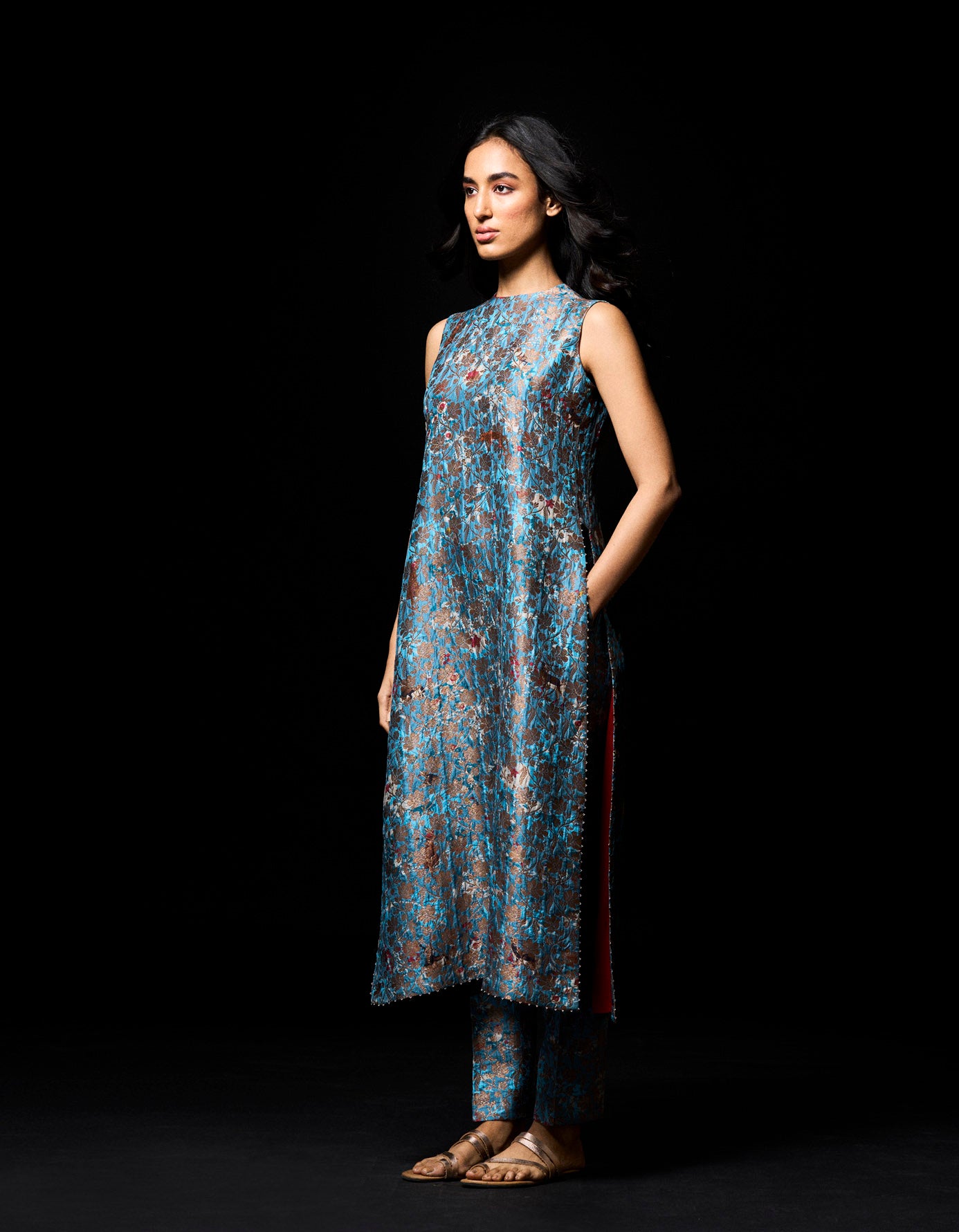 Blue Silk Brocade Zipper Kurta for Women - Elegant Indian Ethnic Wear for Festivals, Weddings & Special Occasions