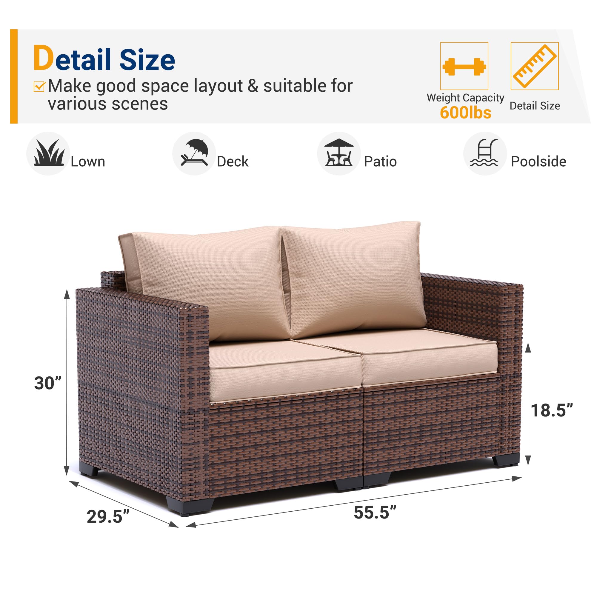 UDPATIO 2-Person Wicker Patio Love Seat - Outdoor Rattan Sectional Sofa with Steel Frame, Waterproof Cover, Non-Slip Cushions & High Back Support (Khaki) - Perfect for Garden, Poolside, Balcony & Backyard Relaxation