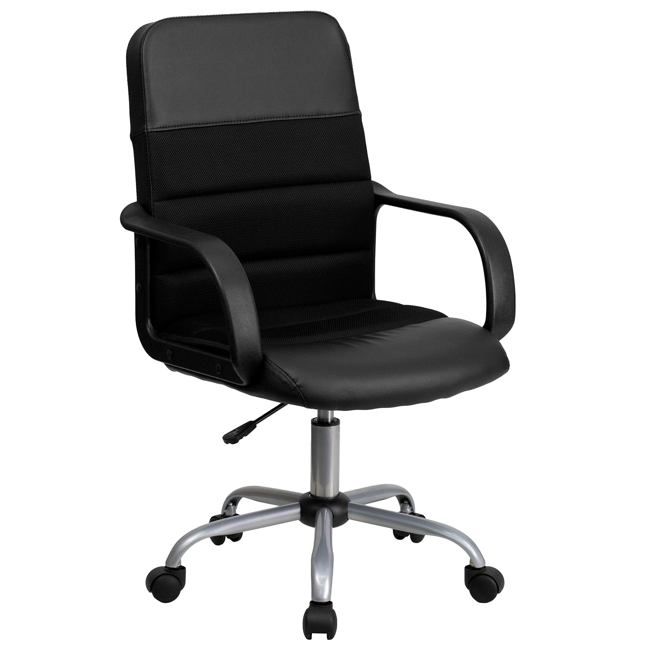 Flash Furniture Manor Mid-Back Swivel LeatherSoft Office Chair with Adjustable Height, Headrest & Padded Arms - Ergonomic Desk Chair for Home Office, Gaming & Workspace - Black