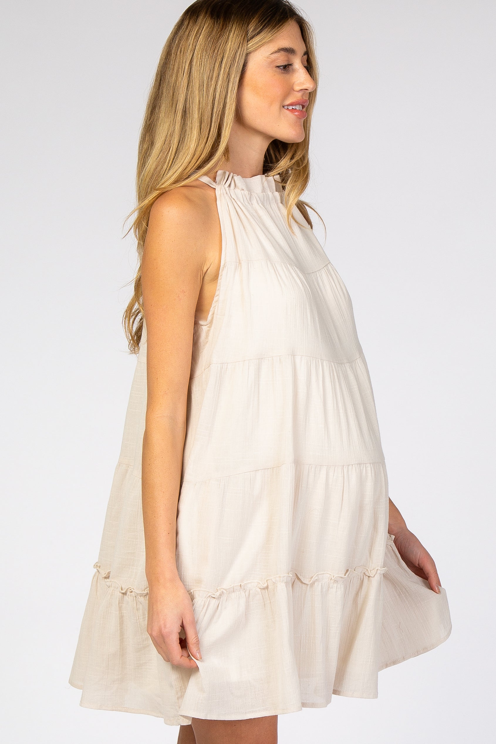 Beige Mock Neck Ruffle Tiered Linen Maternity Dress for Pregnancy - Comfortable & Stylish Nursing Dress for Women, Perfect for Baby Showers, Maternity Photos & Casual Outings