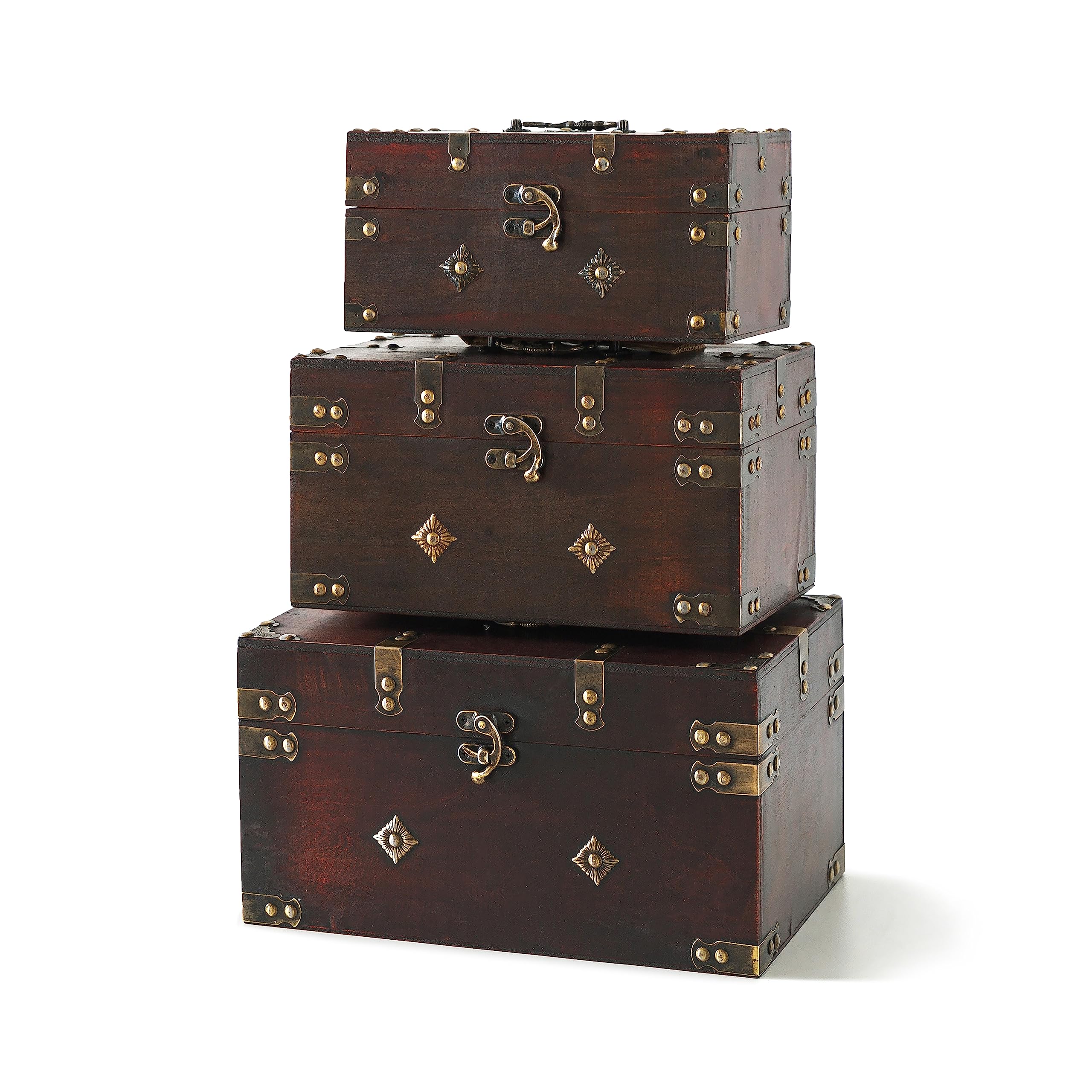 Vintage Wooden Storage Chest Set of 3 - Antique Decorative Trunks with Lids for Home Décor, Keepsake Organization | Perfect for Bedroom Storage, Blanket Boxes & Living Room Decoration