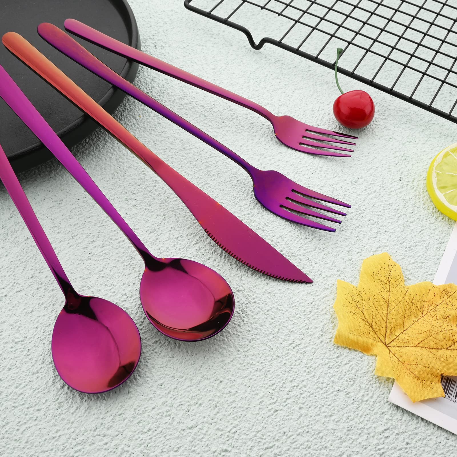 30-Piece Korean Style Silverware Set - Reusable SUS304 Stainless Steel Forks & Spoons, Mirror Finish, Dishwasher Safe - Purple | Elegant Flatware for Home Dining, Picnics, and Party Supplies