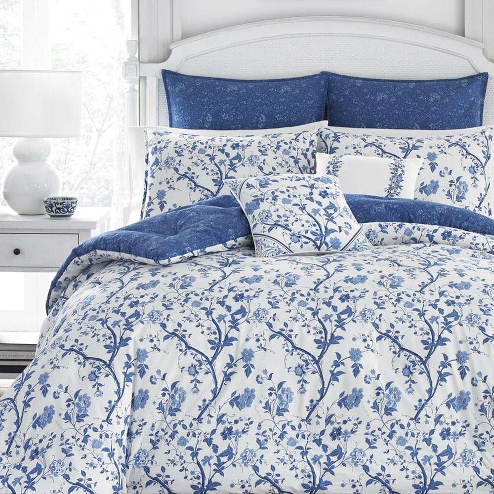 7-Piece Cottage Floral Comforter Set Queen Size - Reversible Embroidered Shabby Chic Bedding with Classic Floral Vine Pattern in White & Blue | Perfect for Farmhouse, Vintage, or Boho Bedroom Decor