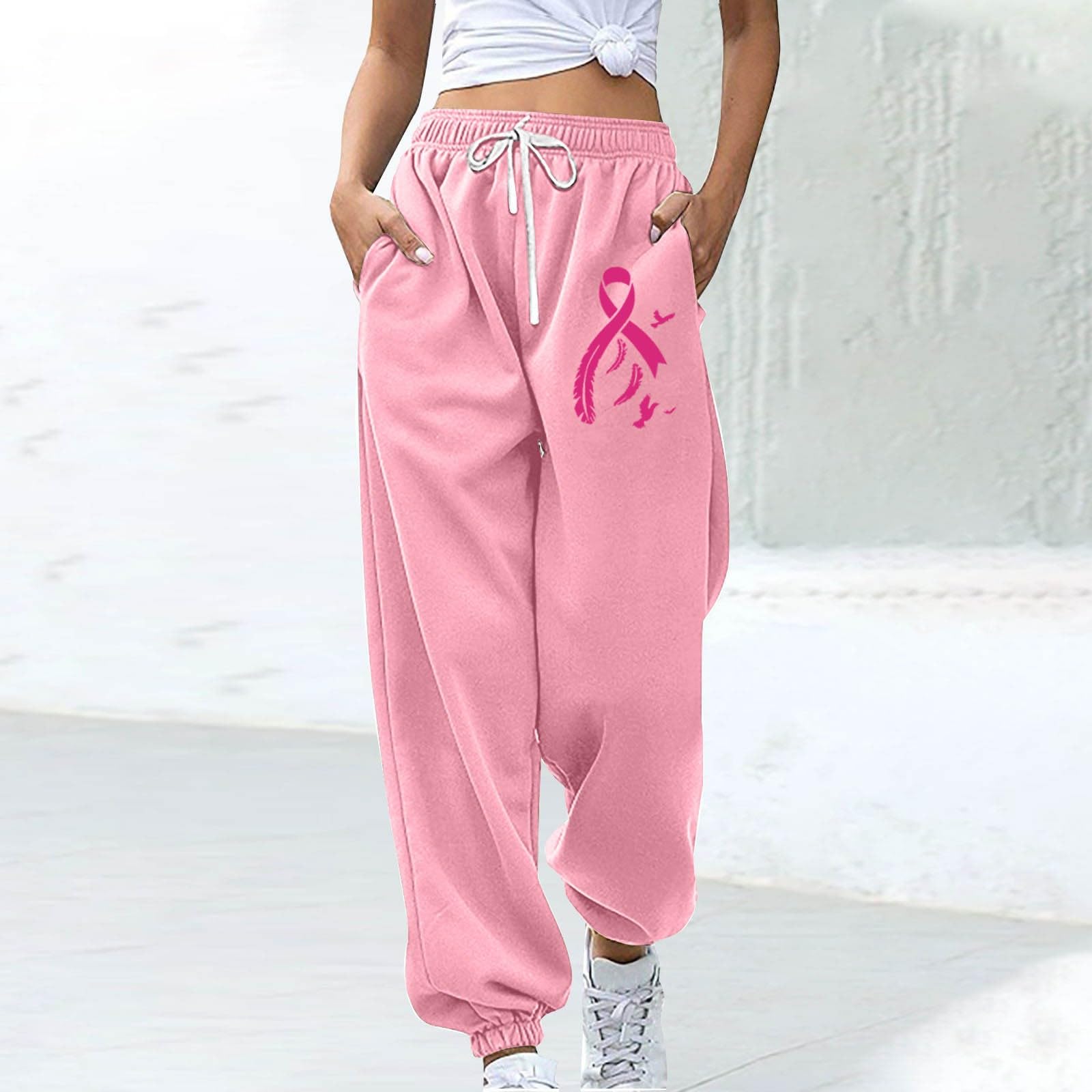 Women's Pink Ribbon Breast Cancer Awareness Sweatpants - High Waisted Jogger Pants for Workout, Yoga & Lounge - Supportive Comfort Pants for Survivors & Supporters