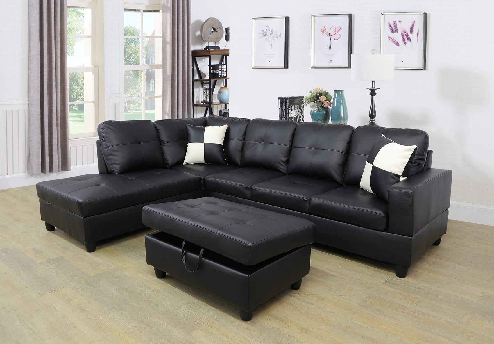 Ainehome 3-Piece L-Shaped Sectional Sofa Set with Storage Ottoman & Matching Pillows - Left-Facing Black Living Room Furniture for Small Spaces & Modern Apartments