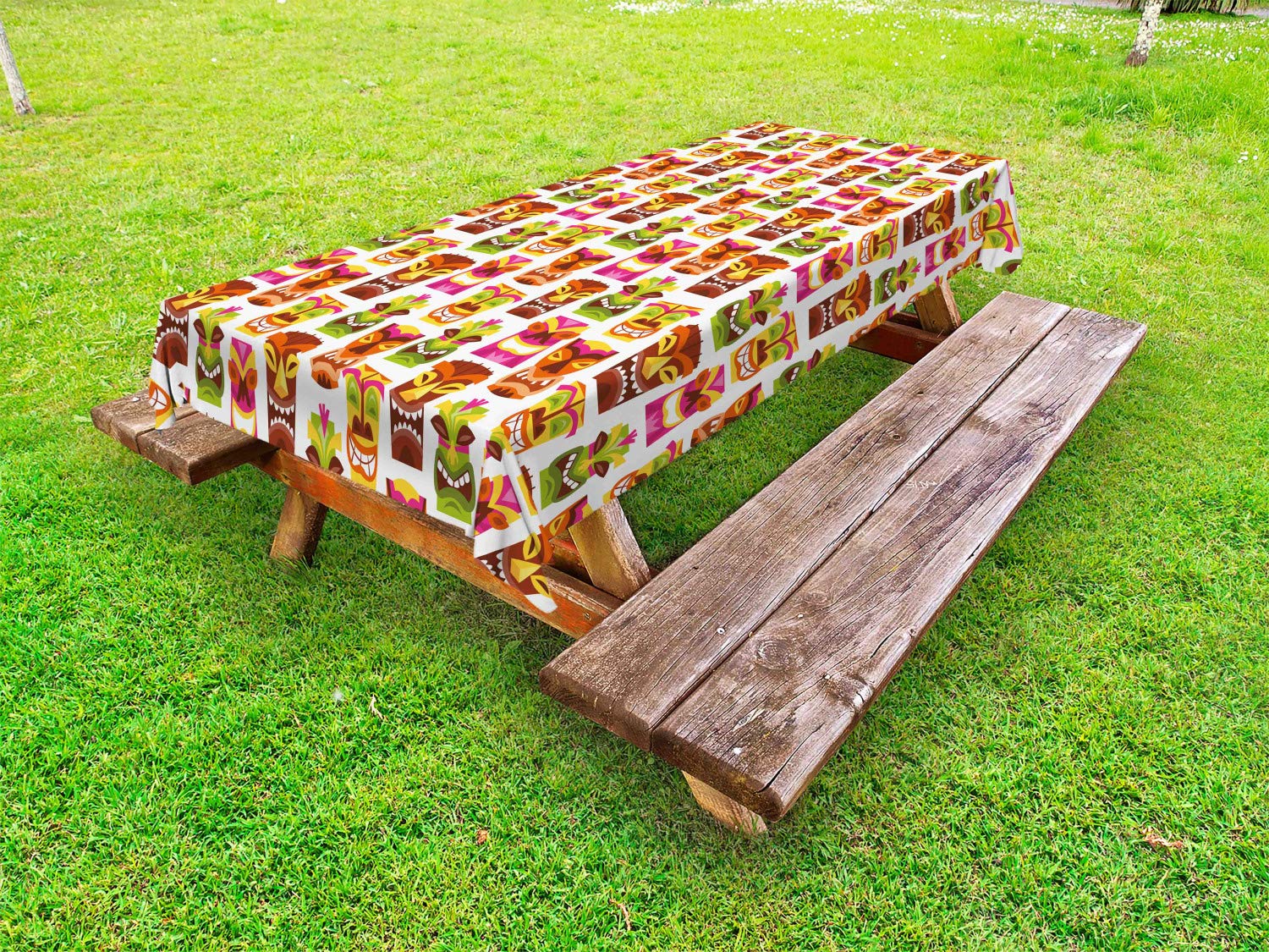 Ambesonne Hawaiian Tiki Bar Tablecloth - Retro 60s Inspired Colorful Tropical Party Decor, Washable Picnic Table Cover 58