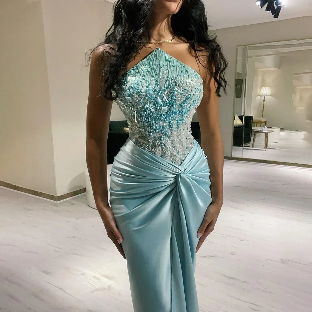 Elegant Blue Split Mermaid Evening Gown with Beaded Detail - Luxury Arabic Dubai Style Wedding Party Dress for Women (LA72572) | Perfect for Formal Events, Galas & Special Occasions
