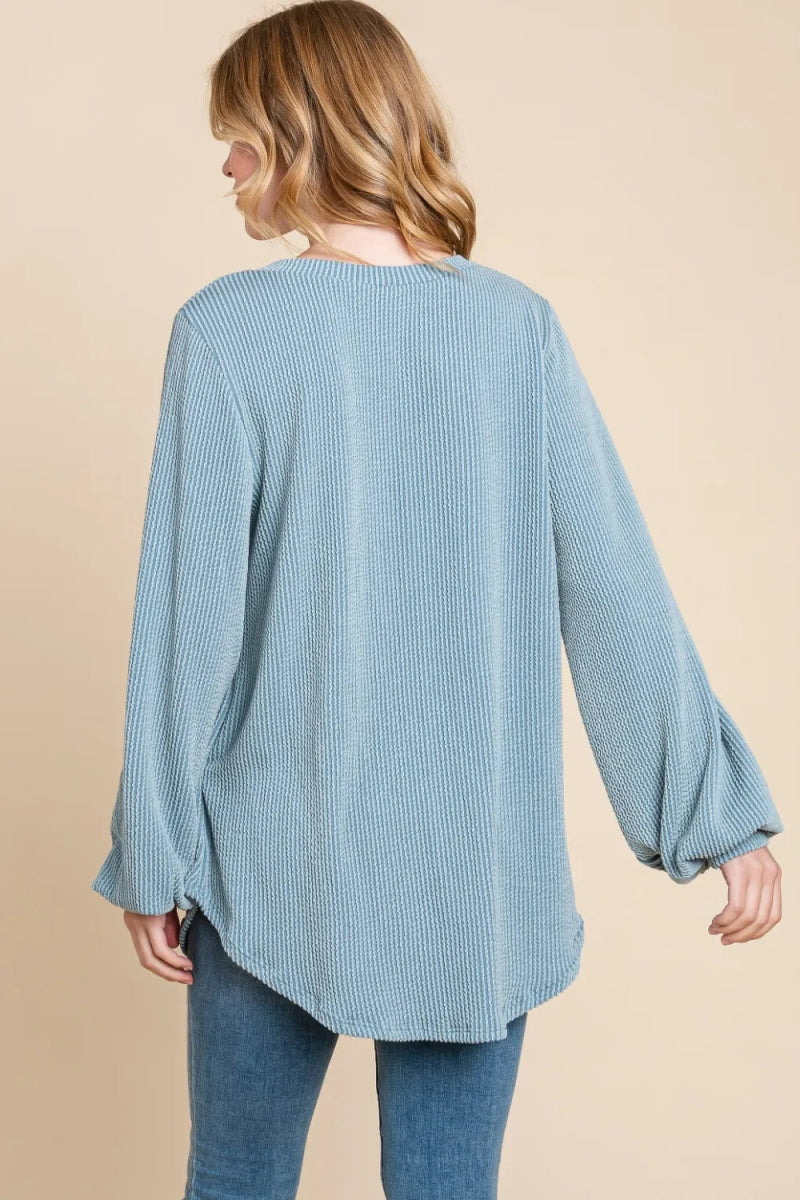 BOMBOM Women's Long Sleeve Ribbed T-Shirt with Curved Hem - Soft Stretch Casual Top for Everyday Wear, Layering & Fall Fashion
