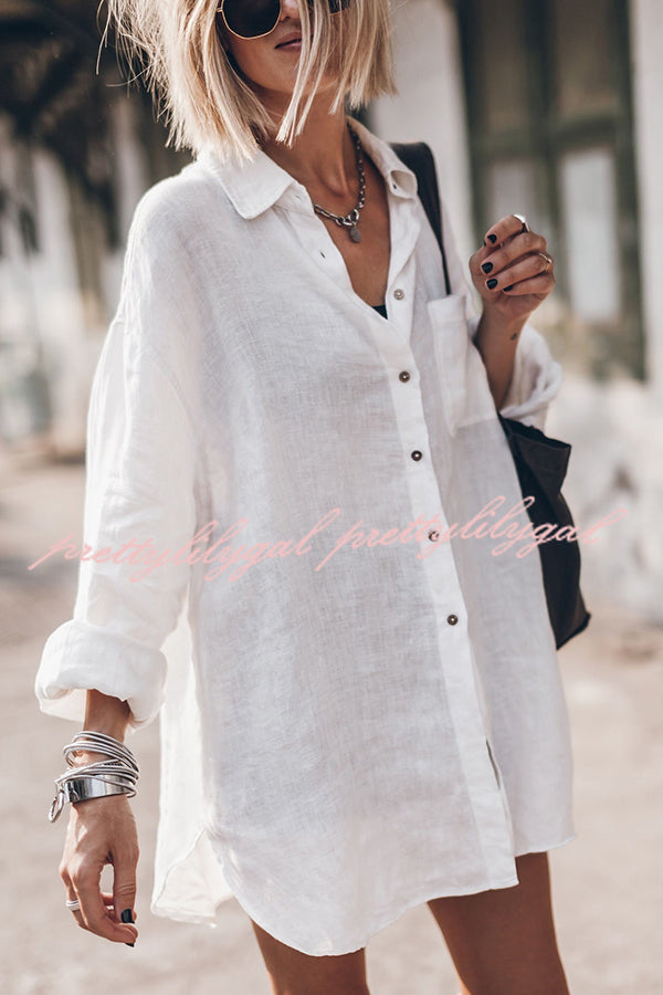Stylish Linen Blend Oversized Long Sleeve Shirt with Pockets - Perfect for Beach Outings, Summer Vacations & Casual Wear