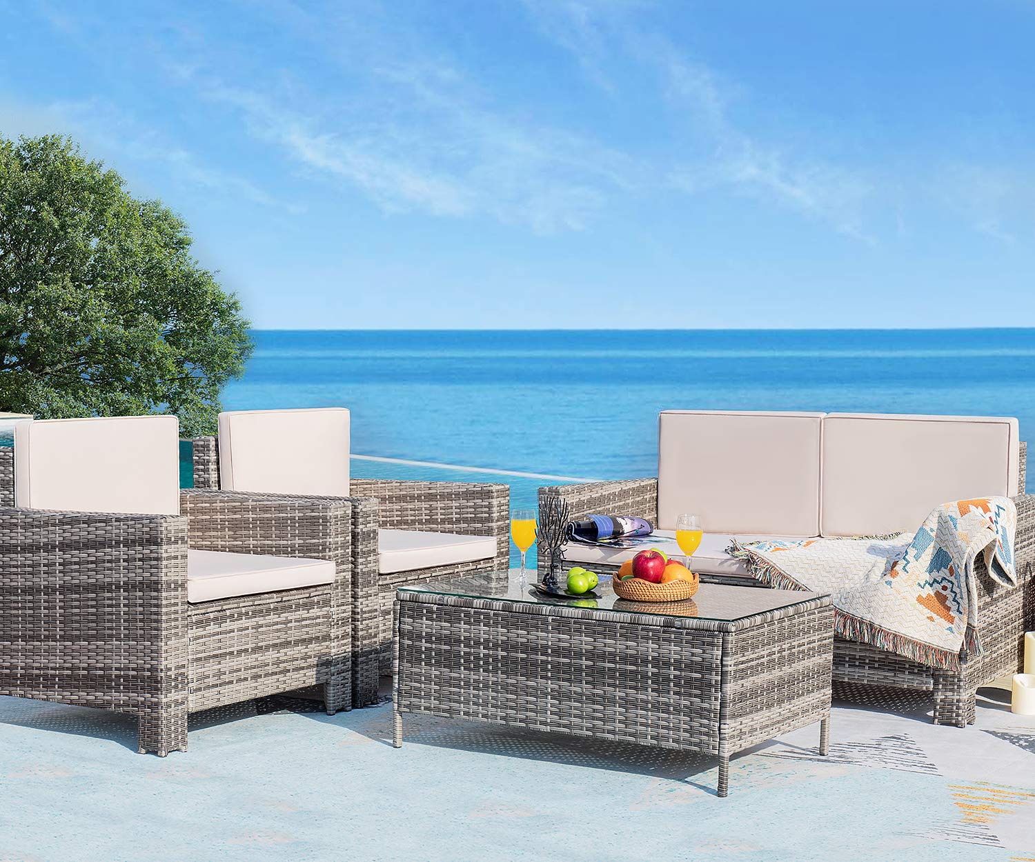 Homall 4-Piece Outdoor Patio Furniture Set - Rattan Wicker Conversation Sofa with Cushions - Gray - Perfect for Backyard, Garden, Poolside, Balcony & Indoor Use