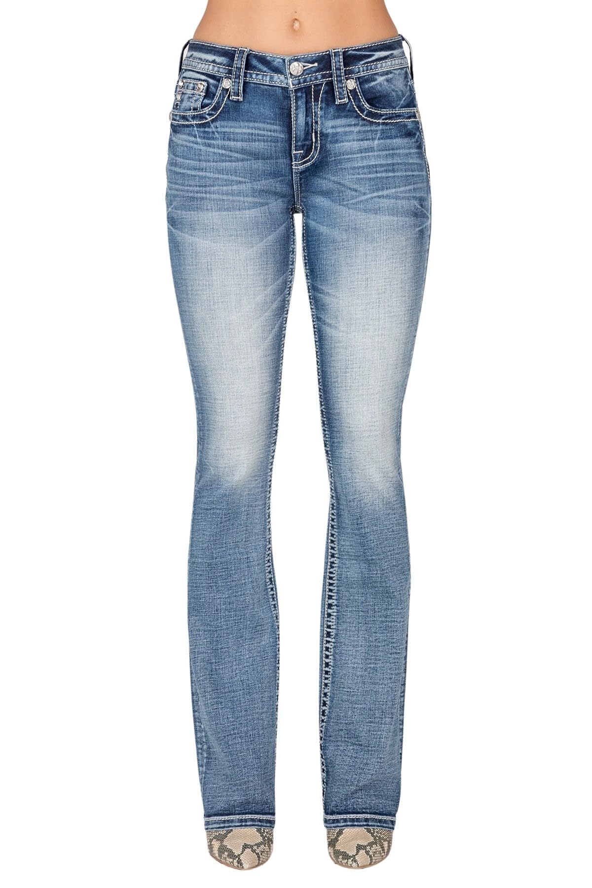 Miss Me Women's Mid-Rise Bootcut Jeans - Floral Embroidered Stretch Denim with Faux Pockets | Comfortable & Stylish for Casual Wear, Work & Night Out