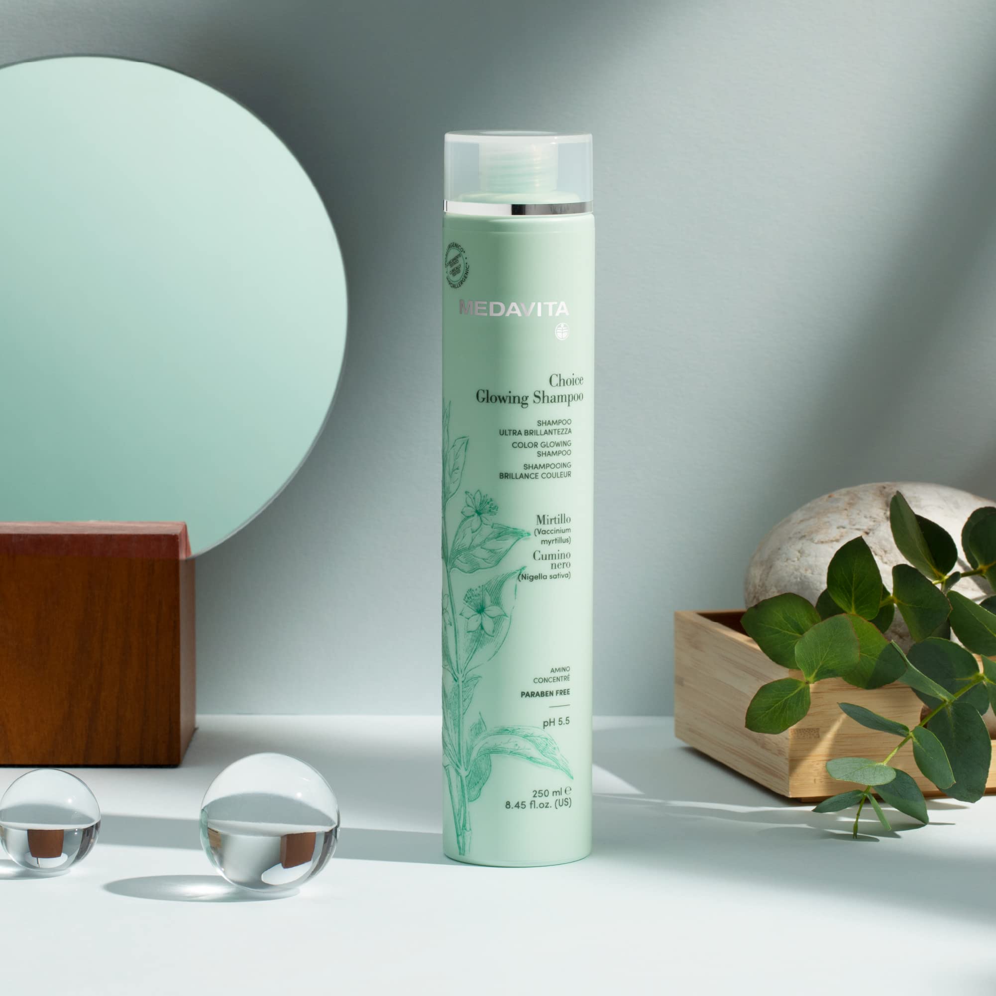 Medavita Choice Glowing Shampoo pH 5.5 for Dry & Damaged Hair - 250ml Sulfate-Free Hydrating Shampoo for Shiny & Healthy Hair - Perfect for Daily Use & Salon-Quality Results