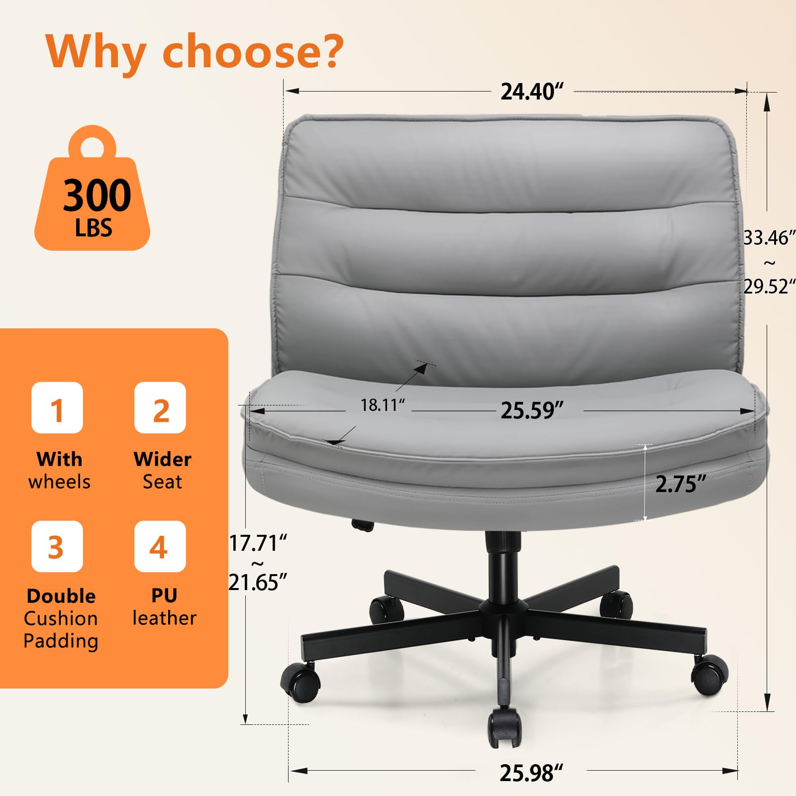 Criss Cross Legged Office Chair with Wheels - Armless Swivel Desk Chair, Wide Seat & Height Adjustable for Home Office, Computer Task, Vanity - Perfect for Cross-Legged Sitting, Work from Home & Gaming