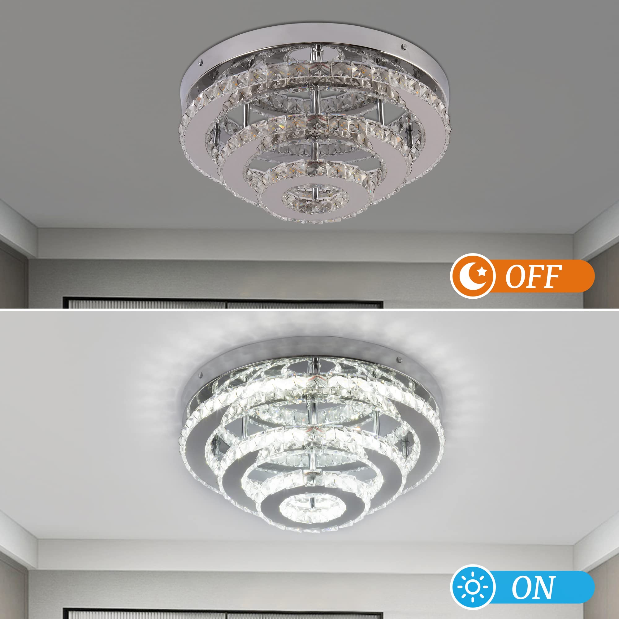 Modern Crystal Chandelier LED 3-Tier Flush Mount Ceiling Light - 13.8