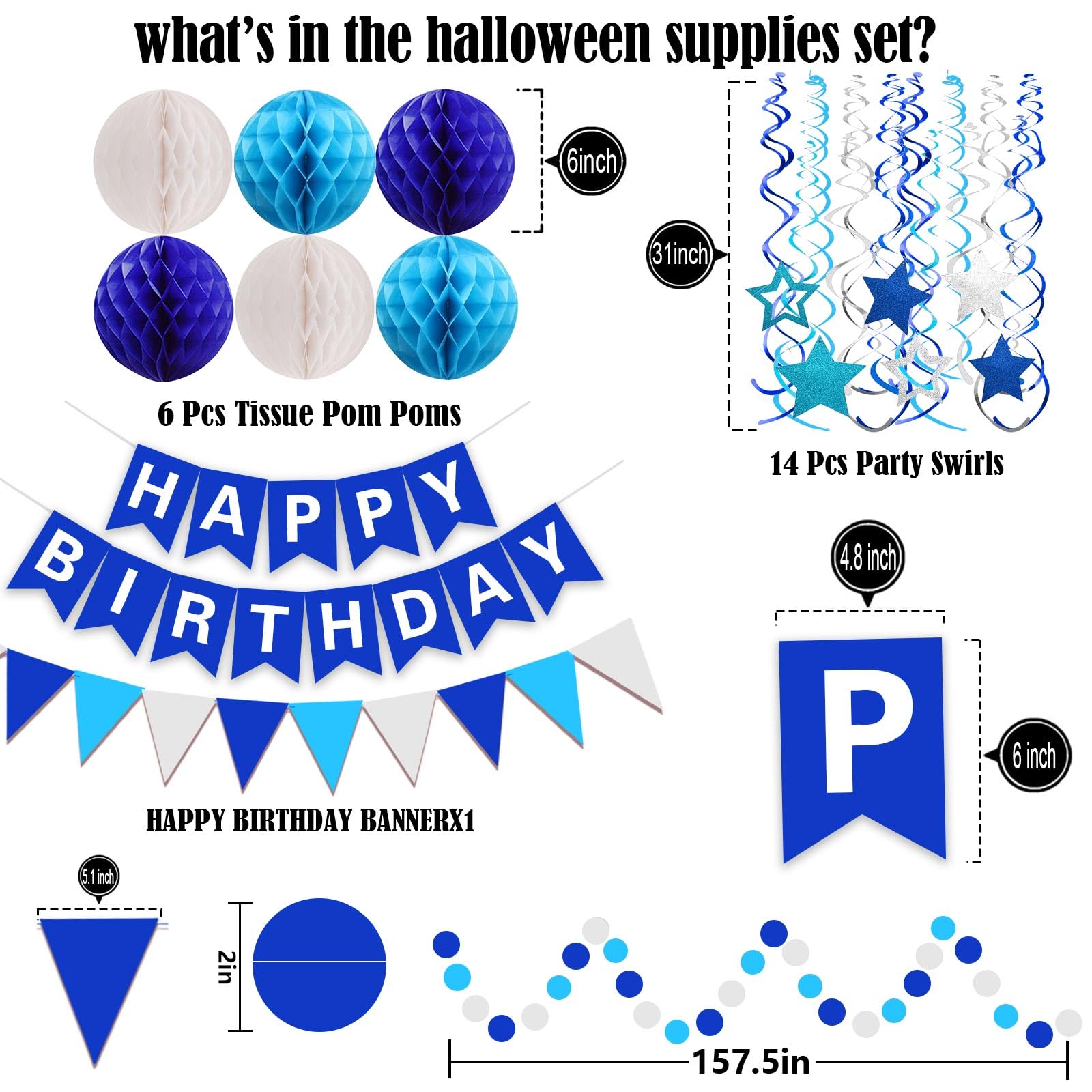 FECEDY Navy Blue Happy Birthday Banner - Party Decorations with Paper Bunting, Circle Confetti, Garland Swirl Streamers & Honeycomb Balls - Perfect for Birthday Parties, Baby Showers & Celebrations
