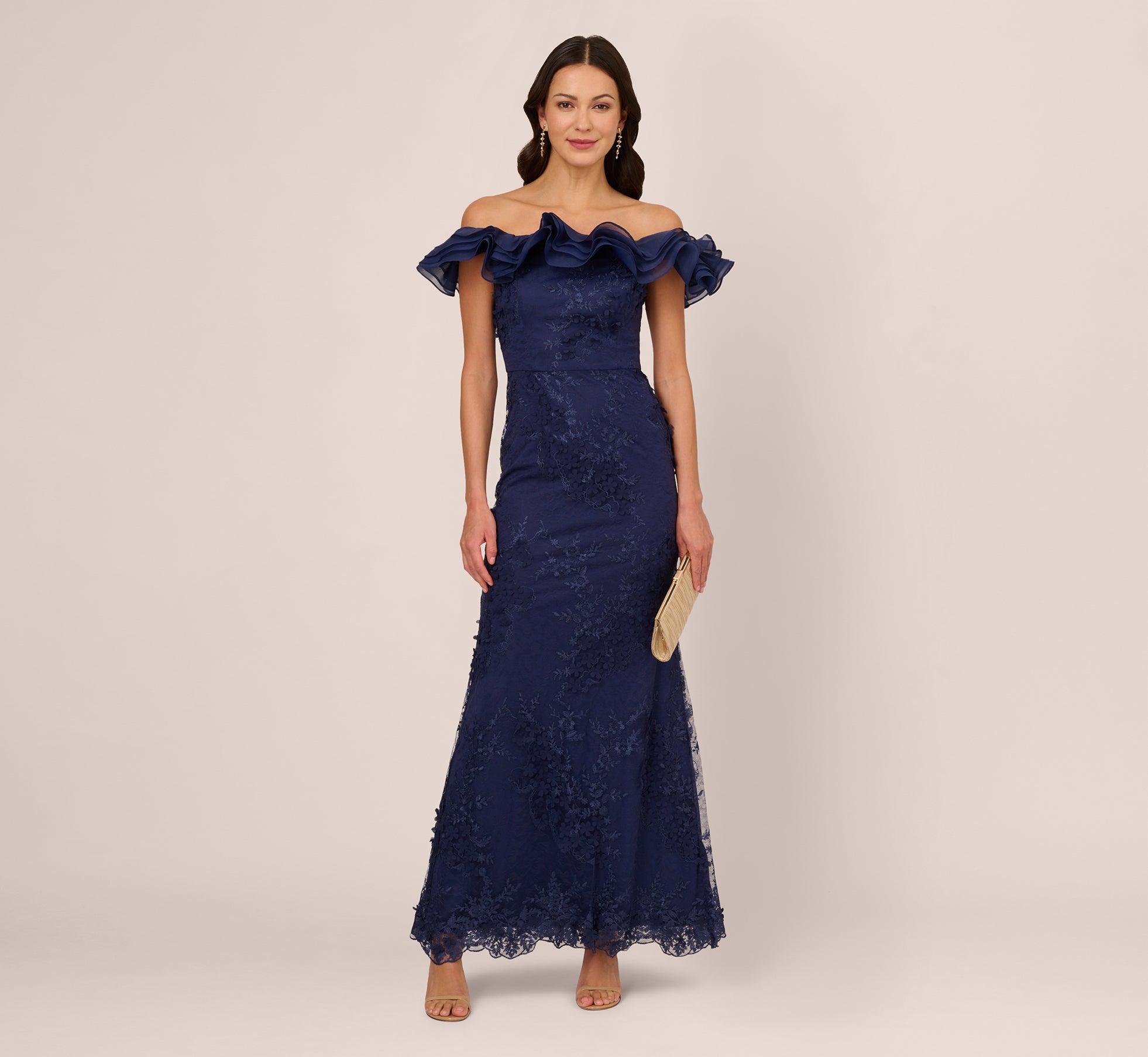 Light Navy Ruffle Off-The-Shoulder Floral Lace Gown - Elegant Summer Dress for Weddings, Parties & Special Occasions