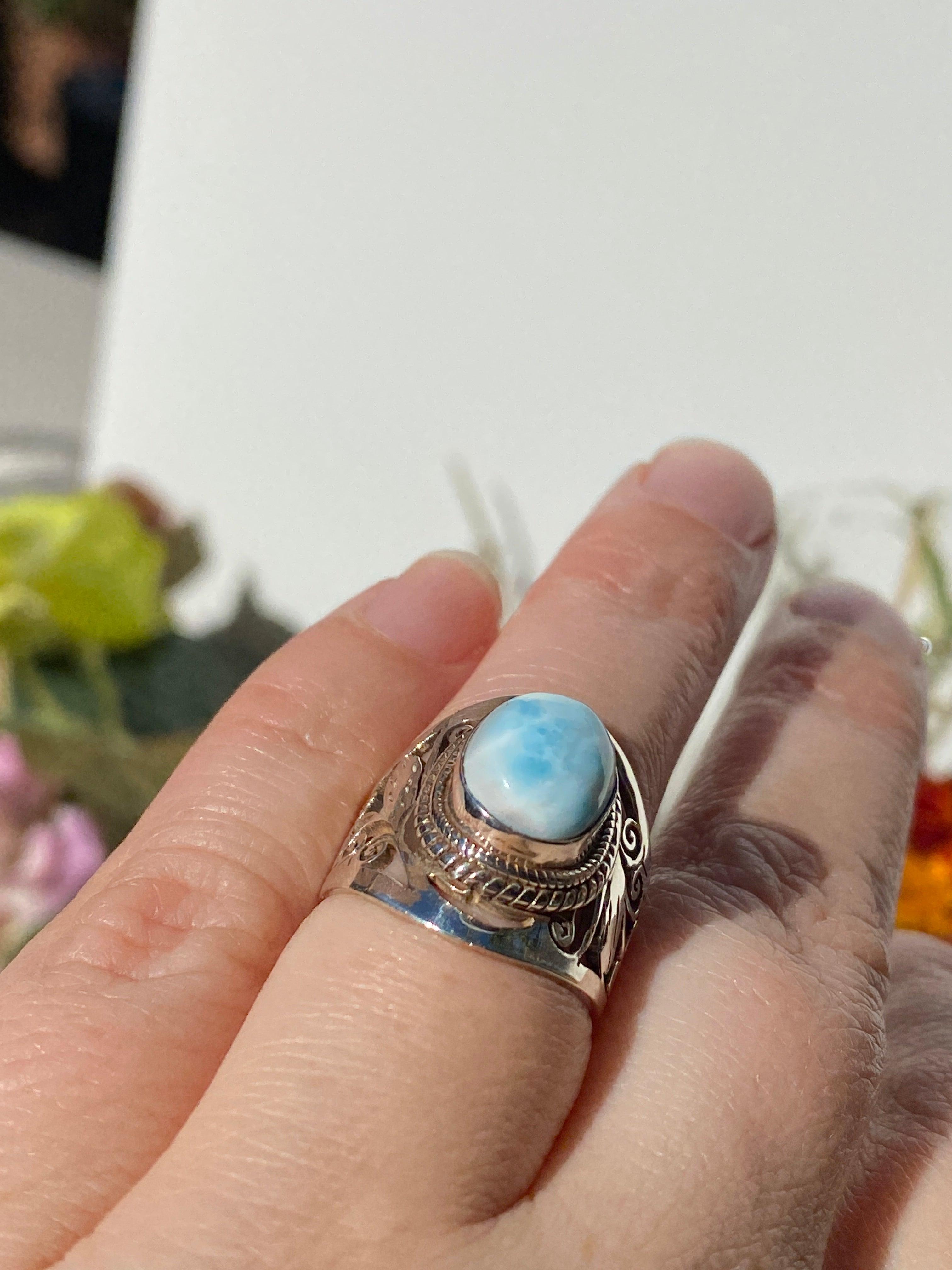 Larimar Oval Cabochon Ring with Detailed Banding - Handmade Sterling Silver Jewelry - Perfect for Beach Weddings & Boho Fashion