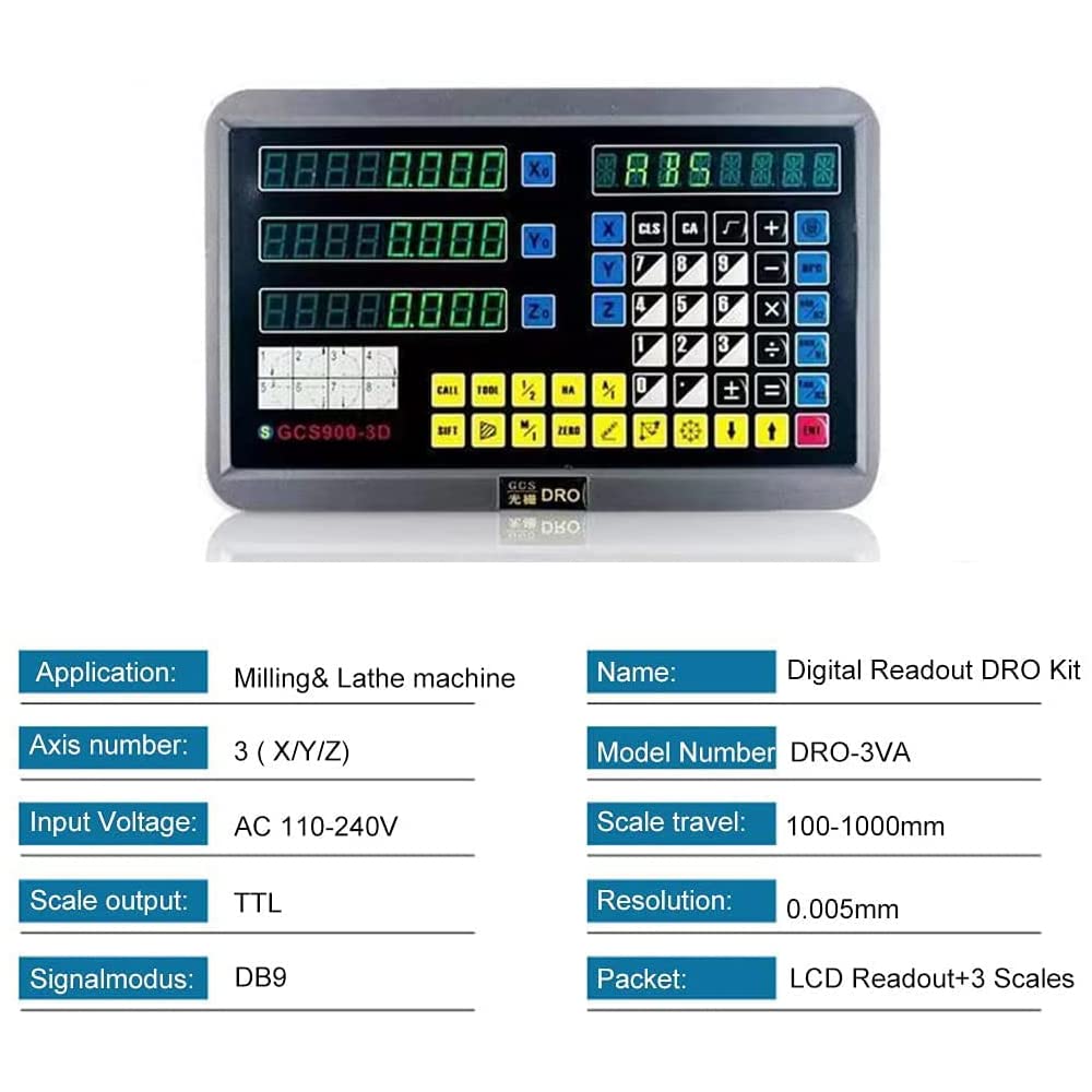 3 Axis Digital Readout DRO Display with 3pc Glass Linear Encoder Scale (150mm+200mm+300mm) for CNC Milling Machine & Lathe | Precise Measurement Tool for Metalworking & Woodworking Projects