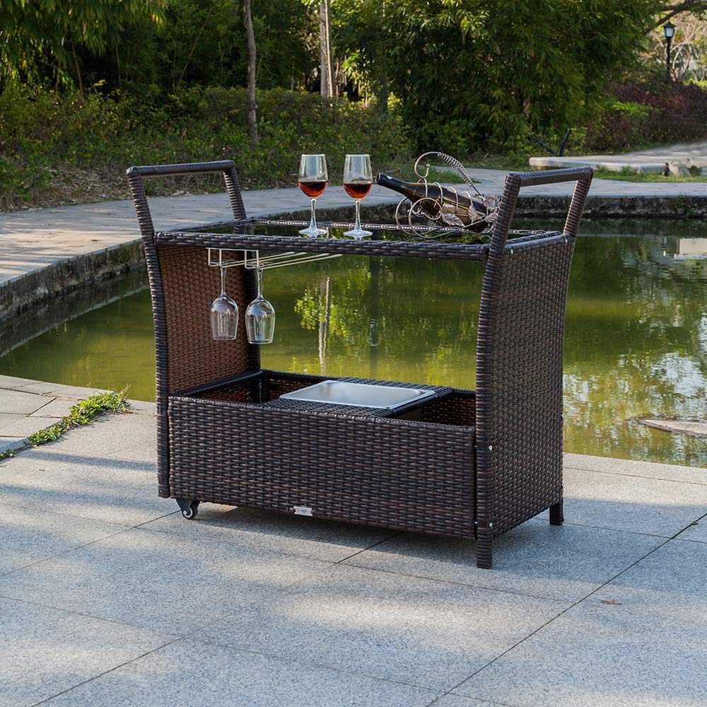Bonnlo Wicker Outdoor Bar Cart with Wheels & Ice Bucket - Rattan Serving Cart with Glass Top & Wine Glass Holder - Perfect for Pool Parties, Backyard BBQs, Porch Entertaining & Outdoor Gatherings