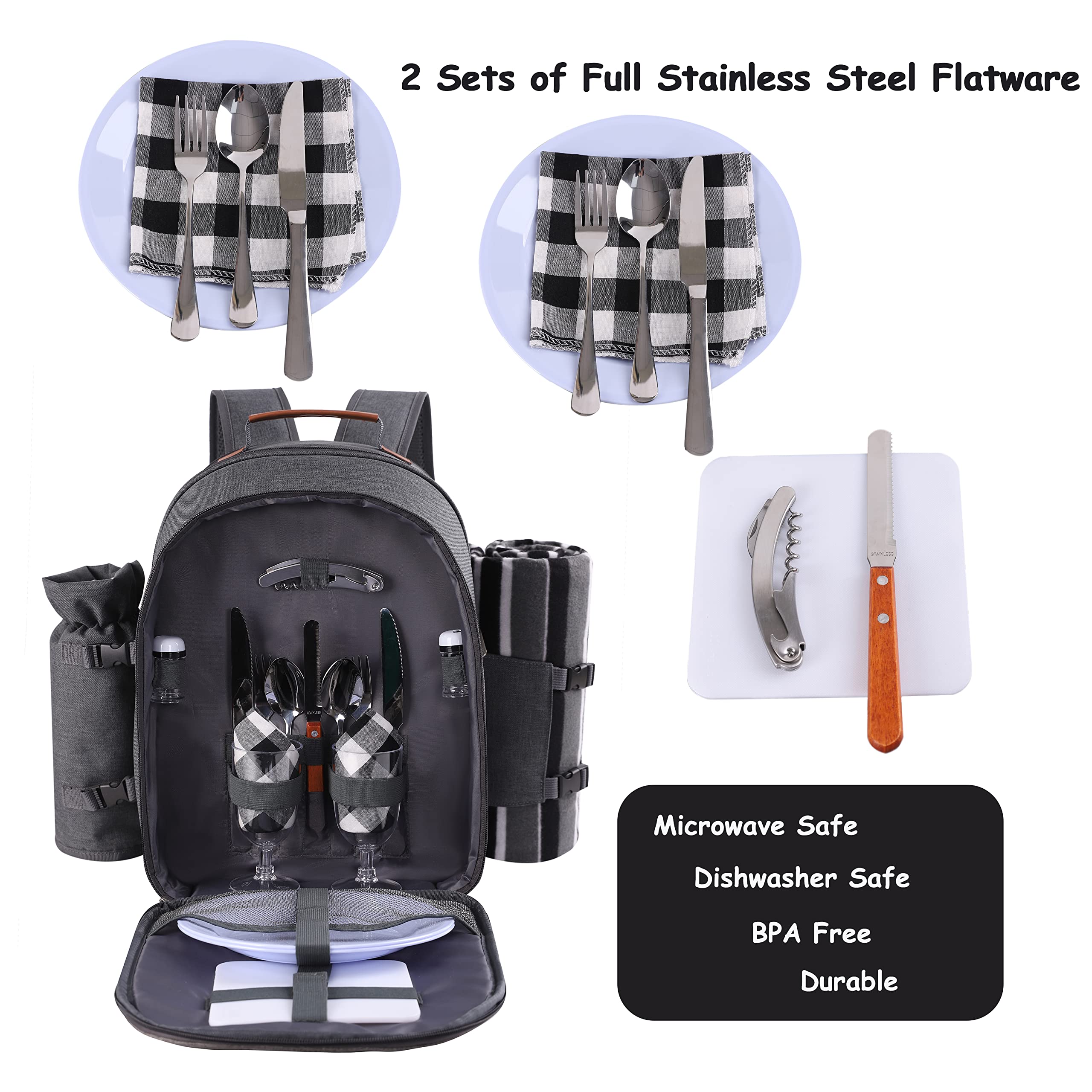 Apollo Walker 2 Person Picnic Backpack Set with Insulated Cooler Compartment, Removable Wine Bottle Holder, Soft Fleece Blanket & Complete Cutlery Kit - Perfect for Outdoor Picnics, Beach Trips and Camping (Dark Gray)