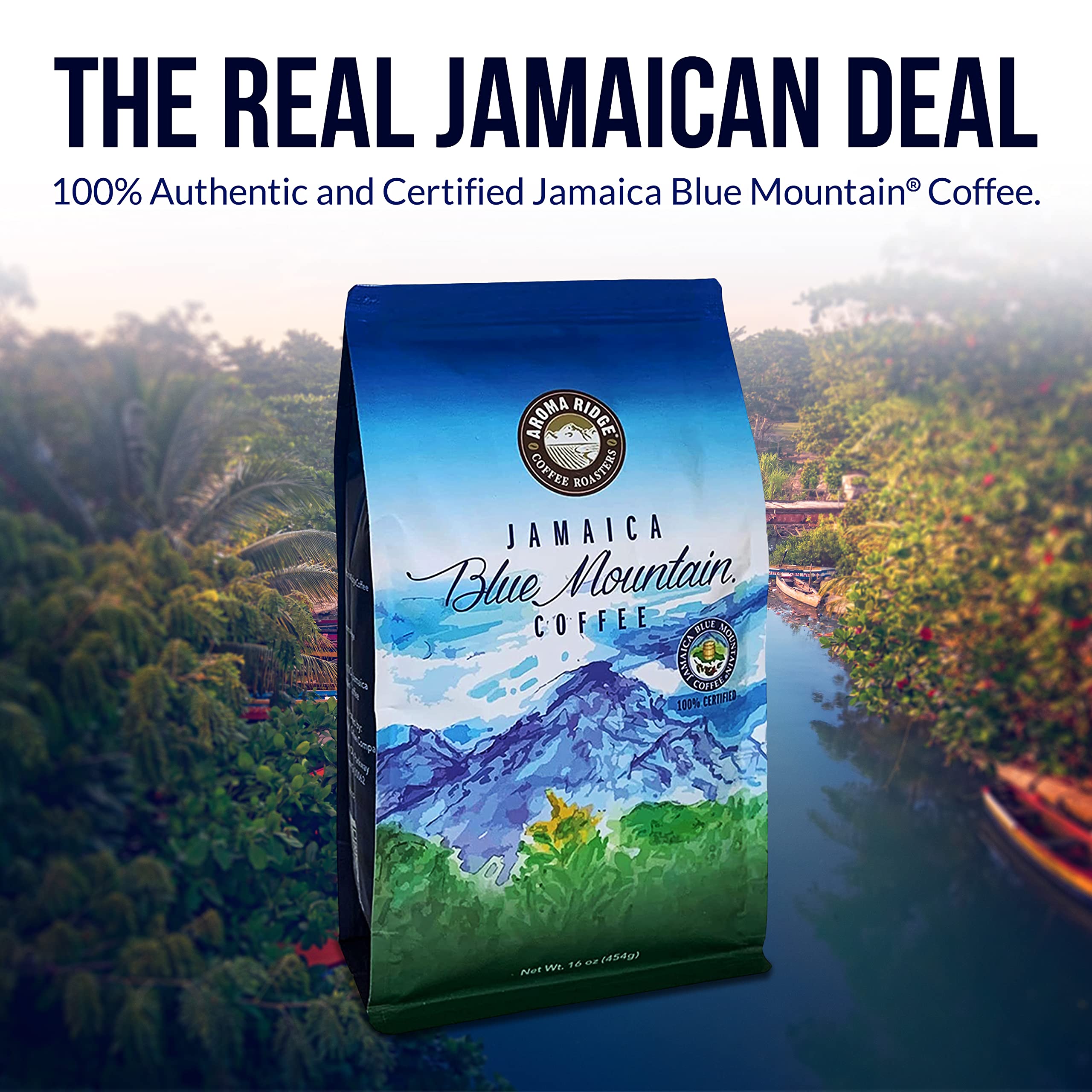 Premium Jamaica Blue Mountain Coffee - 100% Authentic Whole Bean, Medium Roast, Grade 1 Certified | Smooth Milk Chocolate Notes | Perfect for Home Brewing, Office Use & Gourmet Gifting | Aroma Ridge 1 LB Pack