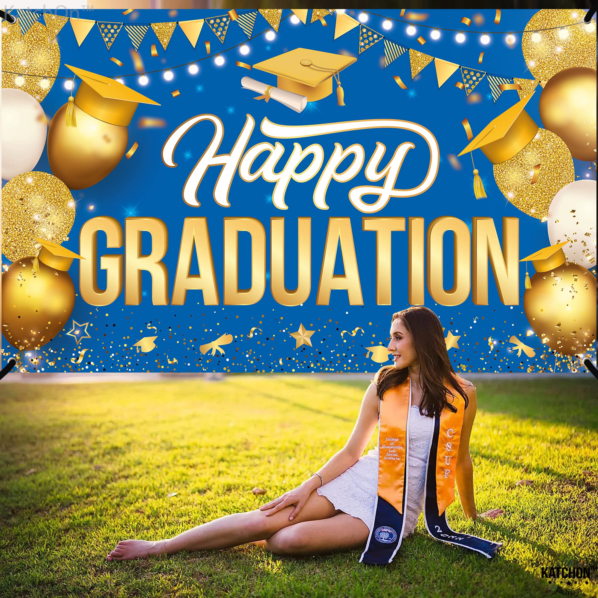Katchon Extra Large Graduation Banner - 72x44 Inch Gold & Blue Happy Graduation Backdrop for Class of 2025 | 2025 Graduation Party Decorations, Commencement Ceremony Decor | Perfect for Graduation Photos, School Events & Celebration Parties