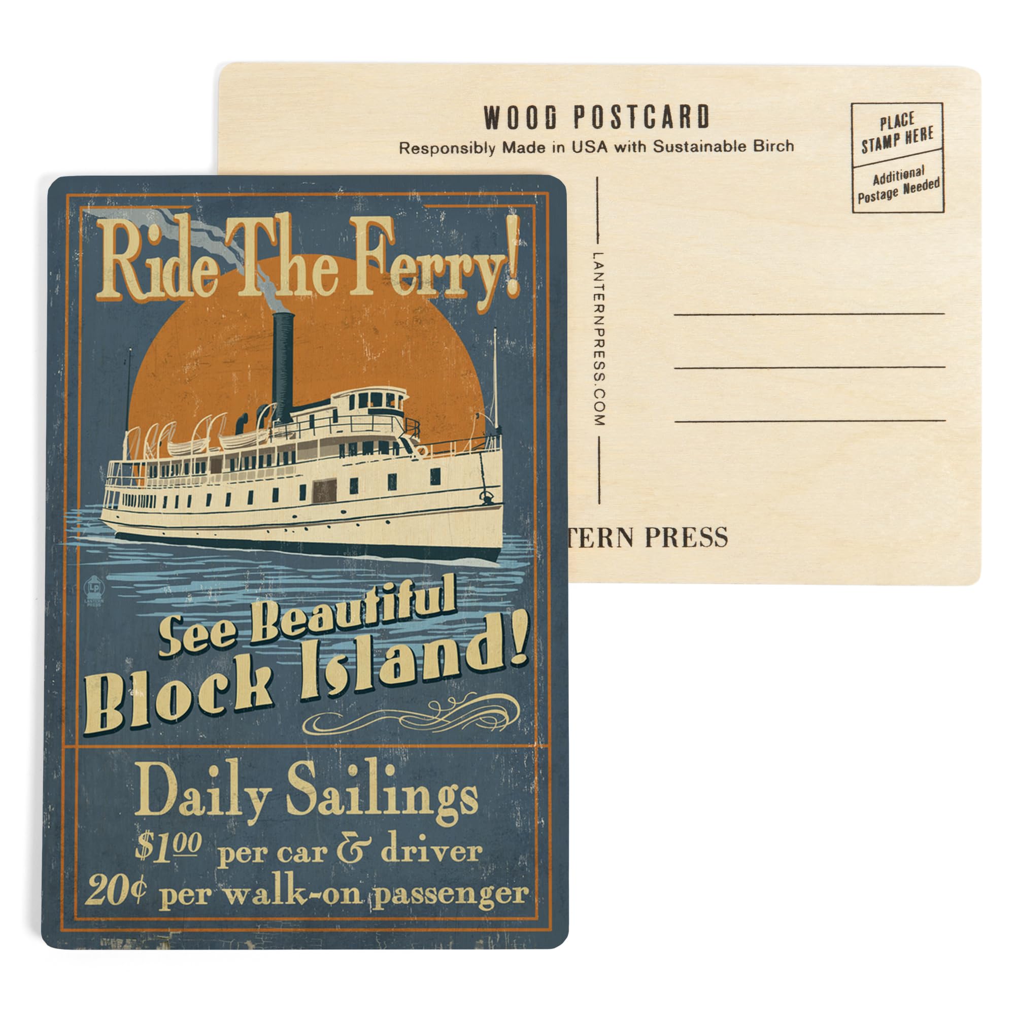 Vintage Block Island Rhode Island Ferry Ride Sign - 4x6 Inch Birch Wood Postcards (2-Pack) - Rustic Home Wall Decor for Coastal Living Rooms, Beach Houses & Nautical Themed Spaces