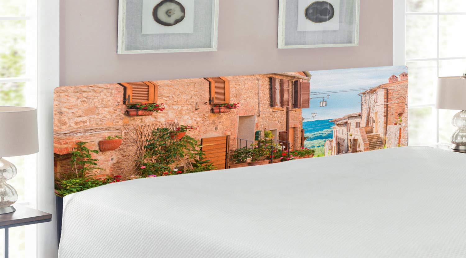 Ambesonne Mediterranean King Size Headboard - Upholstered Decorative Metal Bed Frame with Memory Foam, Tuscan Village Stone Wall Design in Tan | Perfect for Bedroom Decor, Guest Rooms & Mediterranean Style Homes