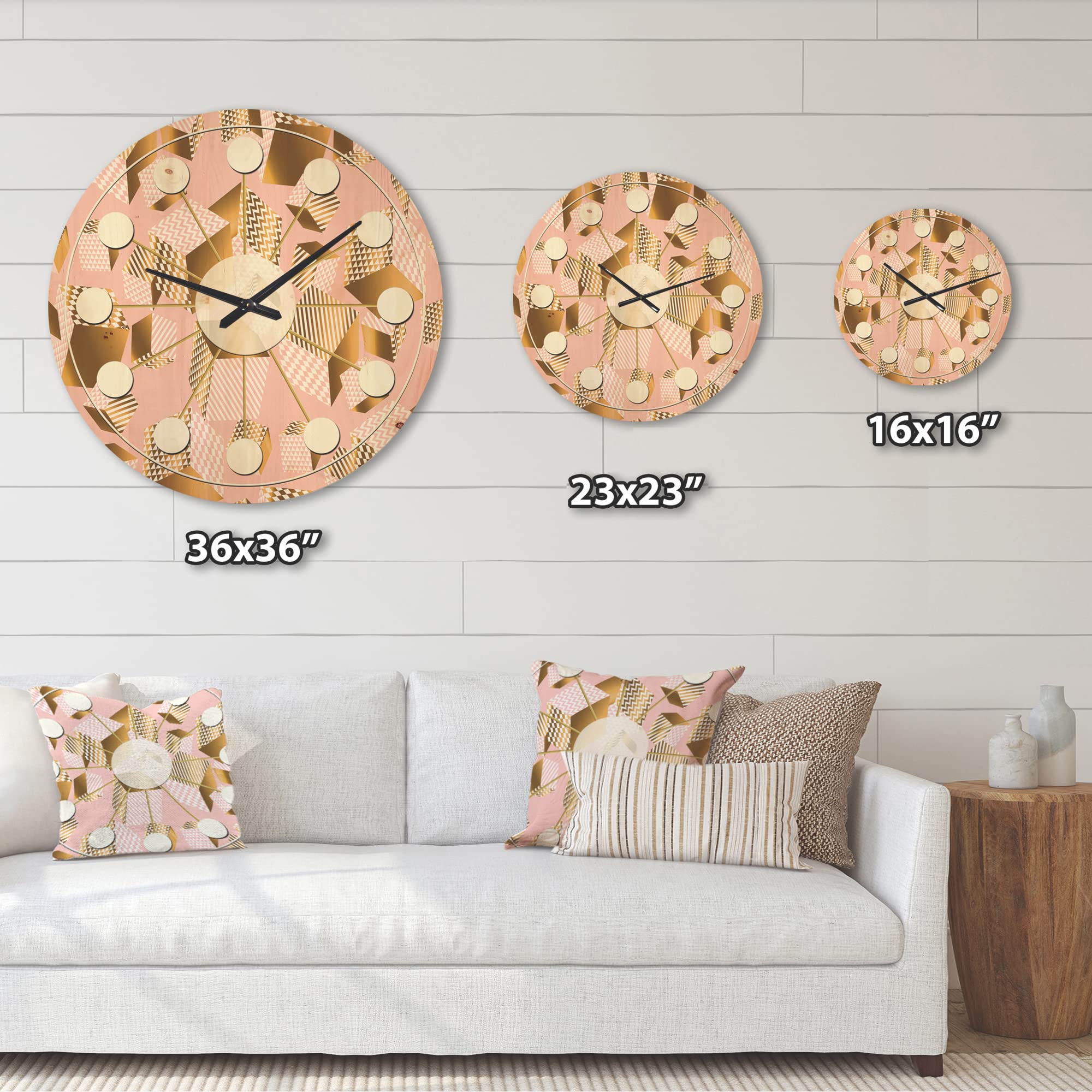 DesignQ 'Rose and Gold Cubes II' Large Mid-Century Modern Wood Wall Clock - Oversized Decorative Wooden Clock for Living Room, Bedroom & Office Décor | Perfect for Home, Office & Gift Giving