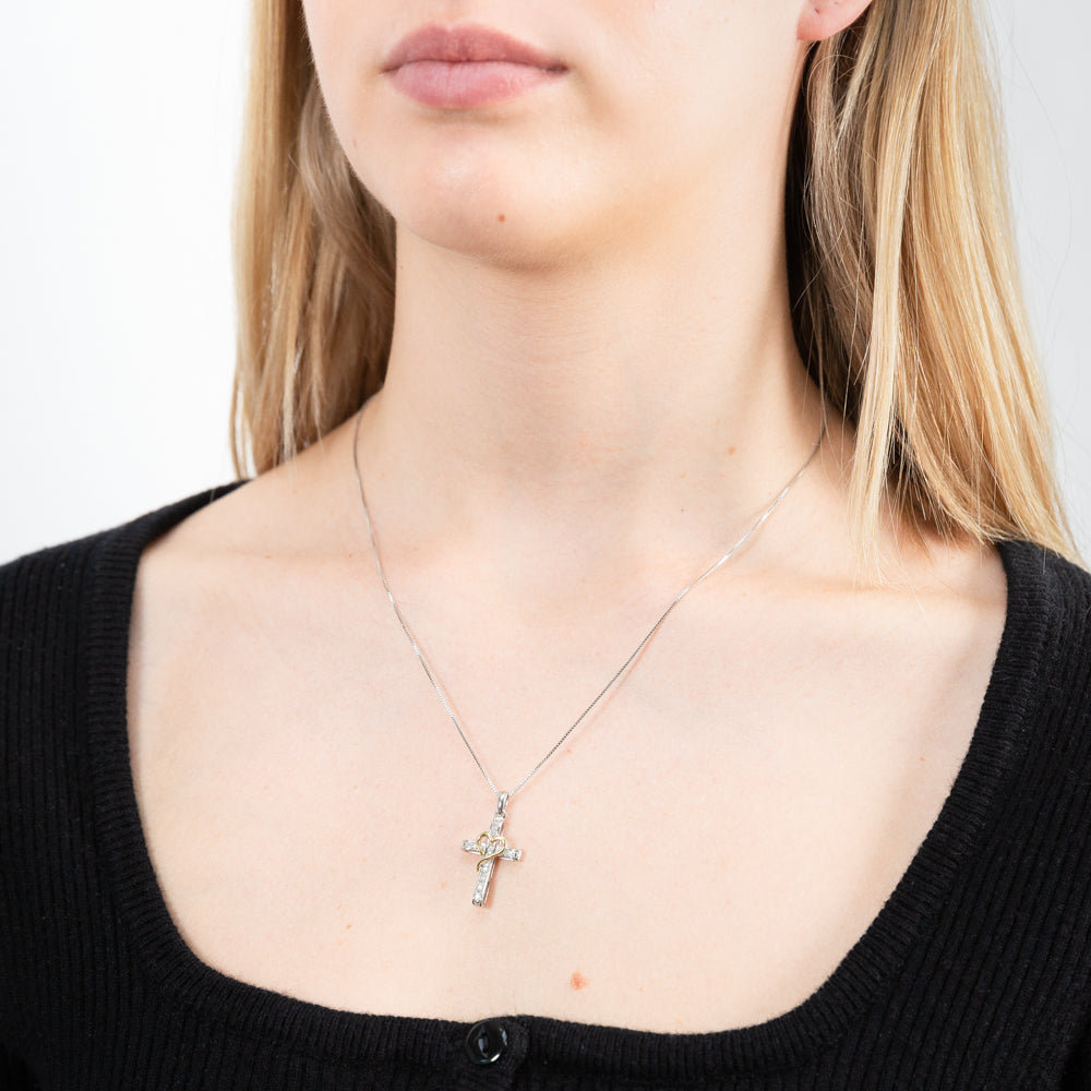 5-Point Diamond Cross Pendant Necklace - Sterling Silver with Yellow Heart Charm on 45cm Silver Chain - Perfect for Gifts, Baptism, and Everyday Wear