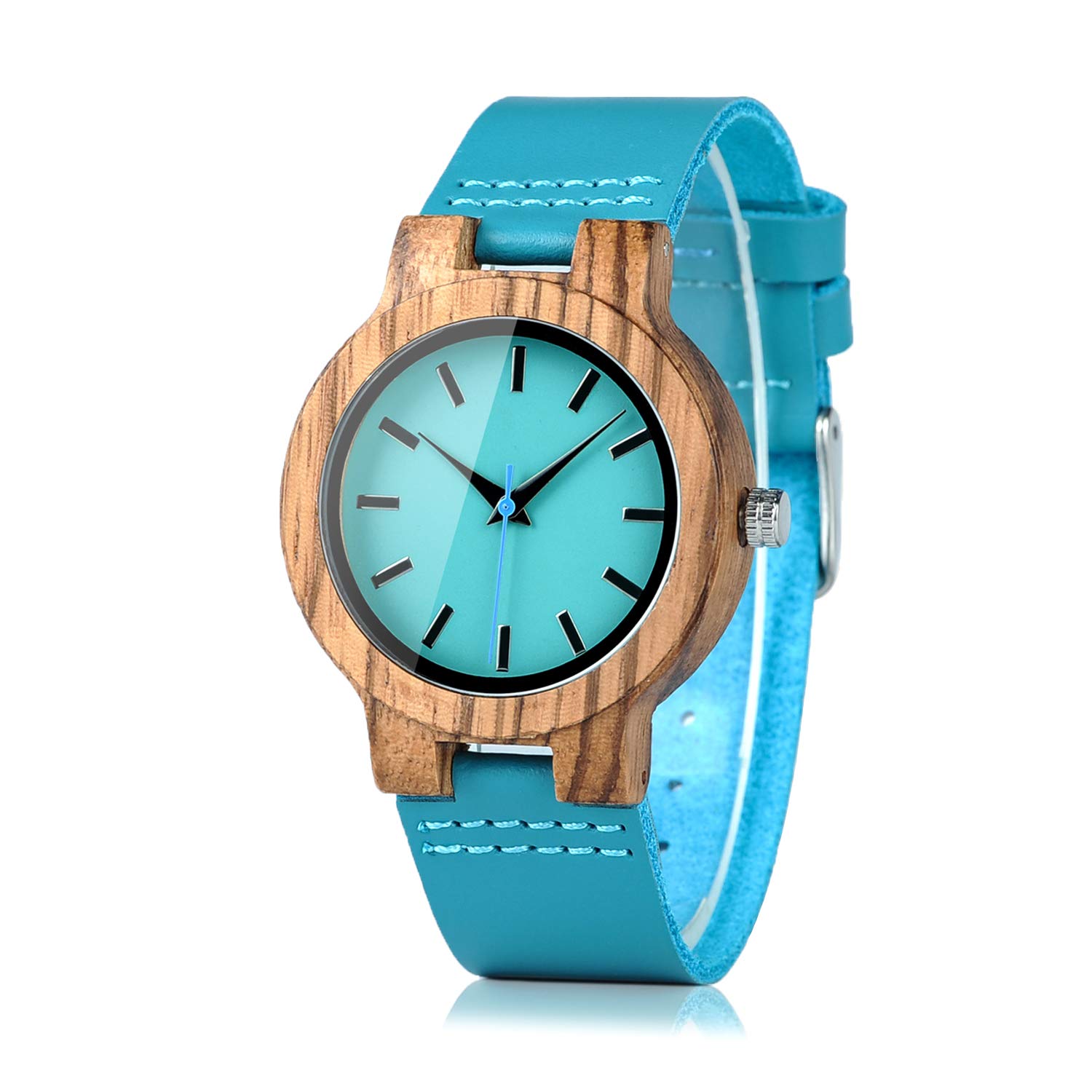 BOBO BIRD Bamboo Wooden Watch for Men & Women - Blue Cowhide Leather Strap Casual Wristwatch - Perfect Gift for Anniversary & Couples - Ideal for Everyday Wear, Office & Outdoor Activities