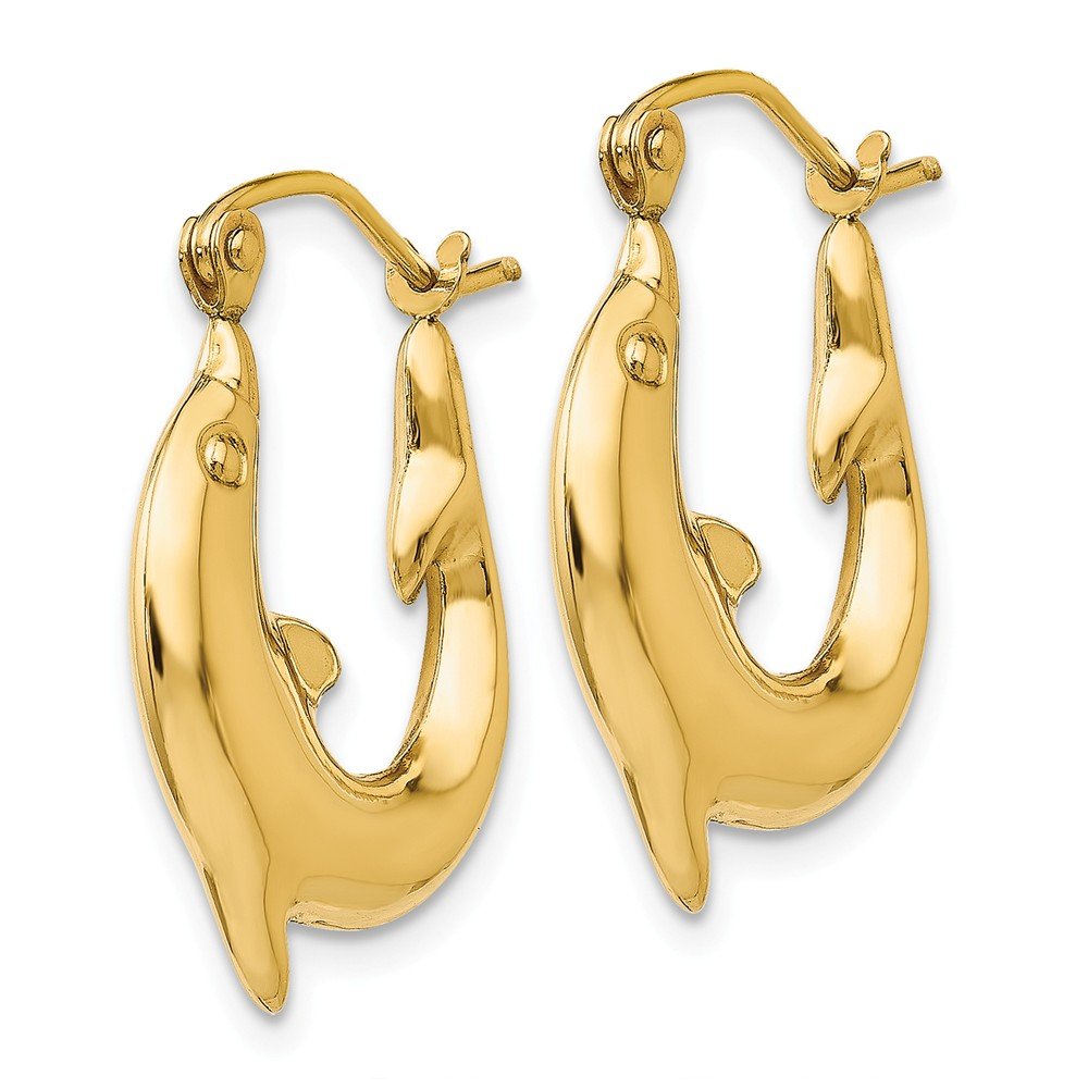 14K Yellow Gold Polished Dolphin Hoop Earrings - 10mm x 3mm Dainty Marine Jewelry for Women, Perfect for Beach Vacations & Summer Outfits